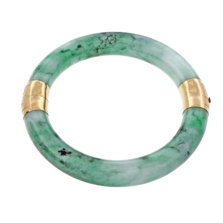 Oversize Jadeite Jade Mottled Green Hinged Gold Bangle Bracelet For
