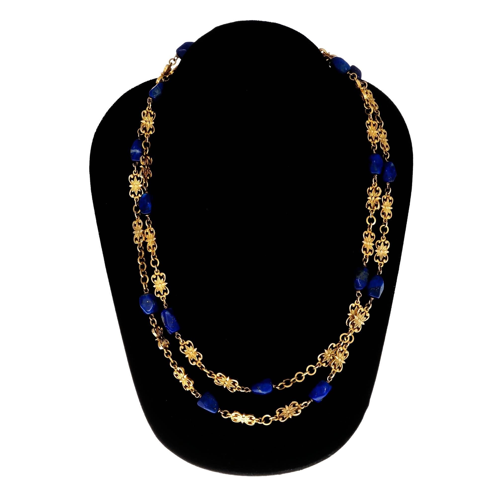 GIA Certified Lapis Long Chain Gold Necklace 1