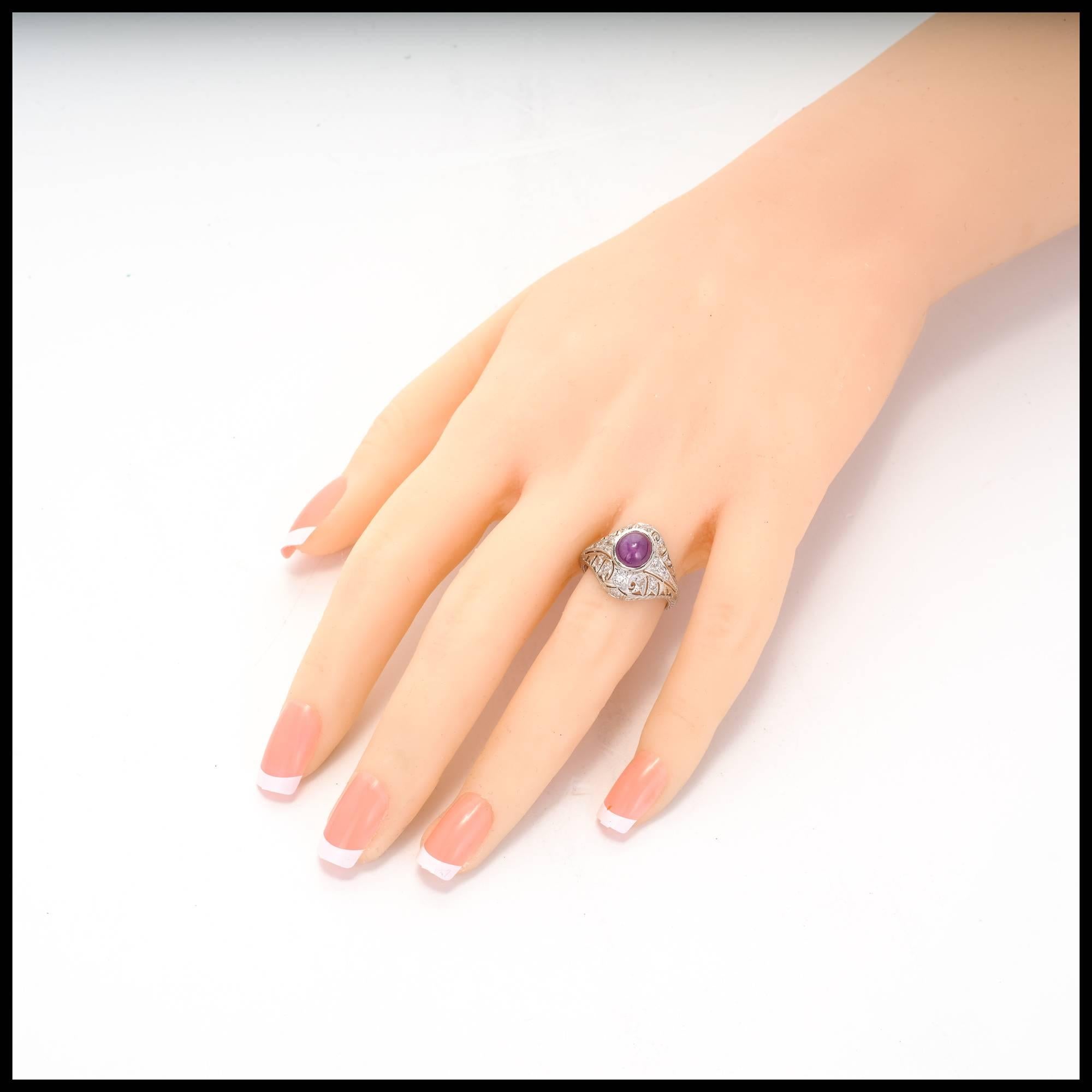 Women's GIA Certified 3.40 Carat Star Ruby Diamond Art Deco Platinum Cocktail Ring For Sale