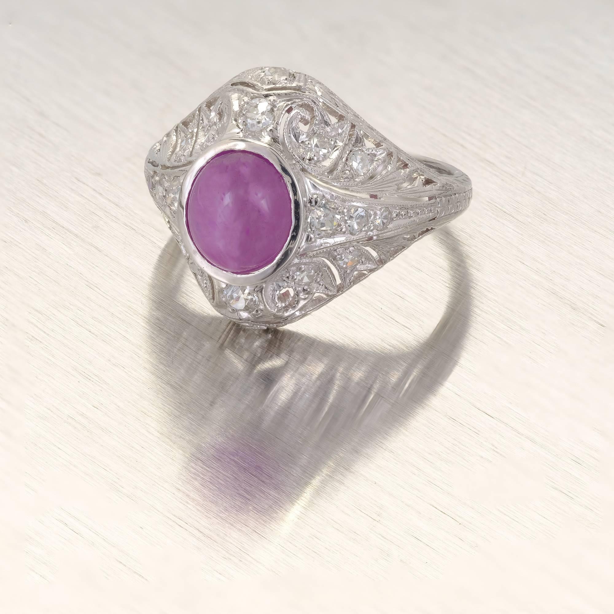 Cabochon GIA Certified 3.40 Carat Star Ruby Diamond Art Deco 1920s Platinum Cocktail Ring For Sale