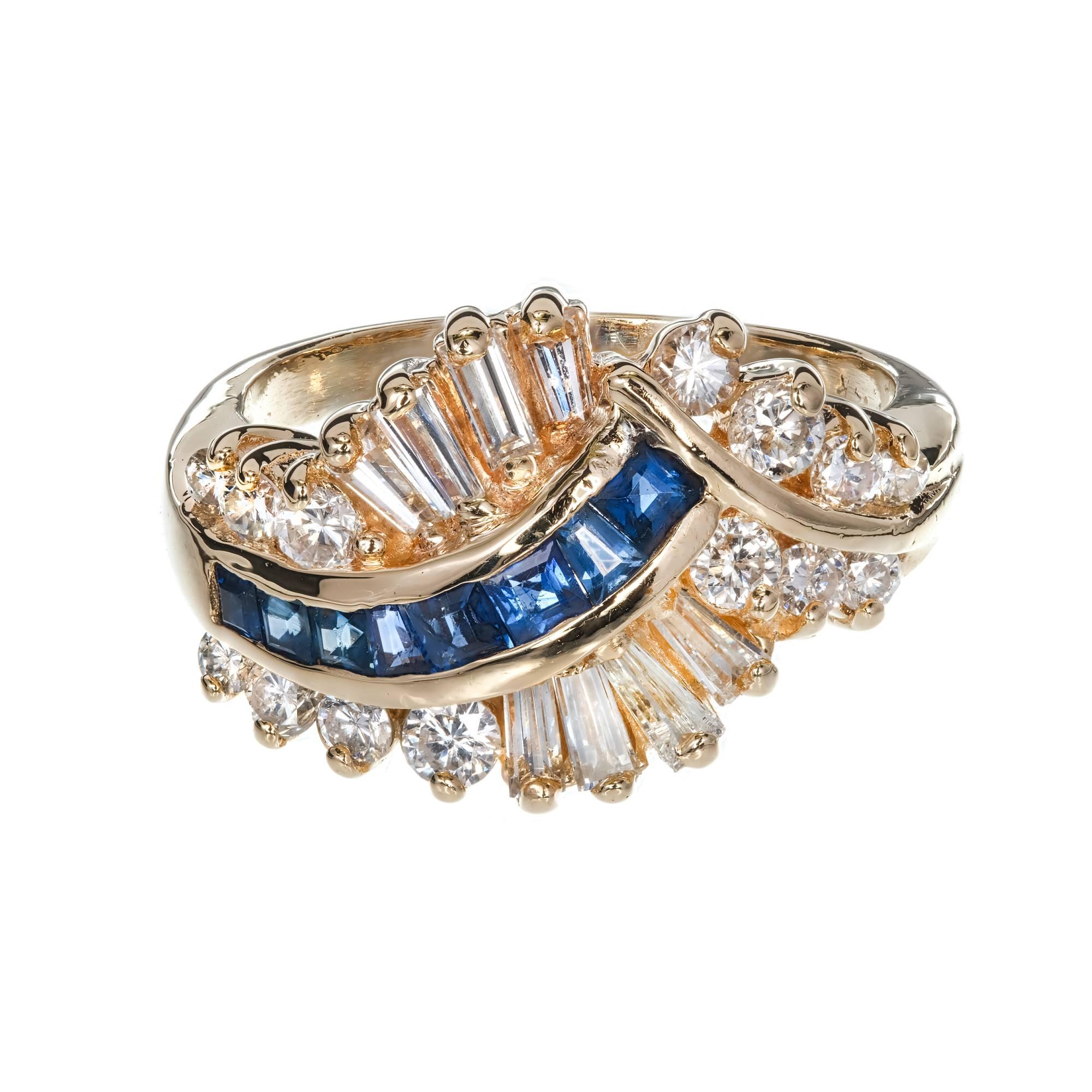 Vintage swirl dome ring circa 1960 with bright sparkly Diamonds and Sapphires in a 14k yellow gold setting. 

14 round Diamonds, approx. total weight .33cts, H, SI1 
8 tapered baguette Diamonds, approx. total weight .24cts, H – I, SI1, 1.98 – 3.49mm