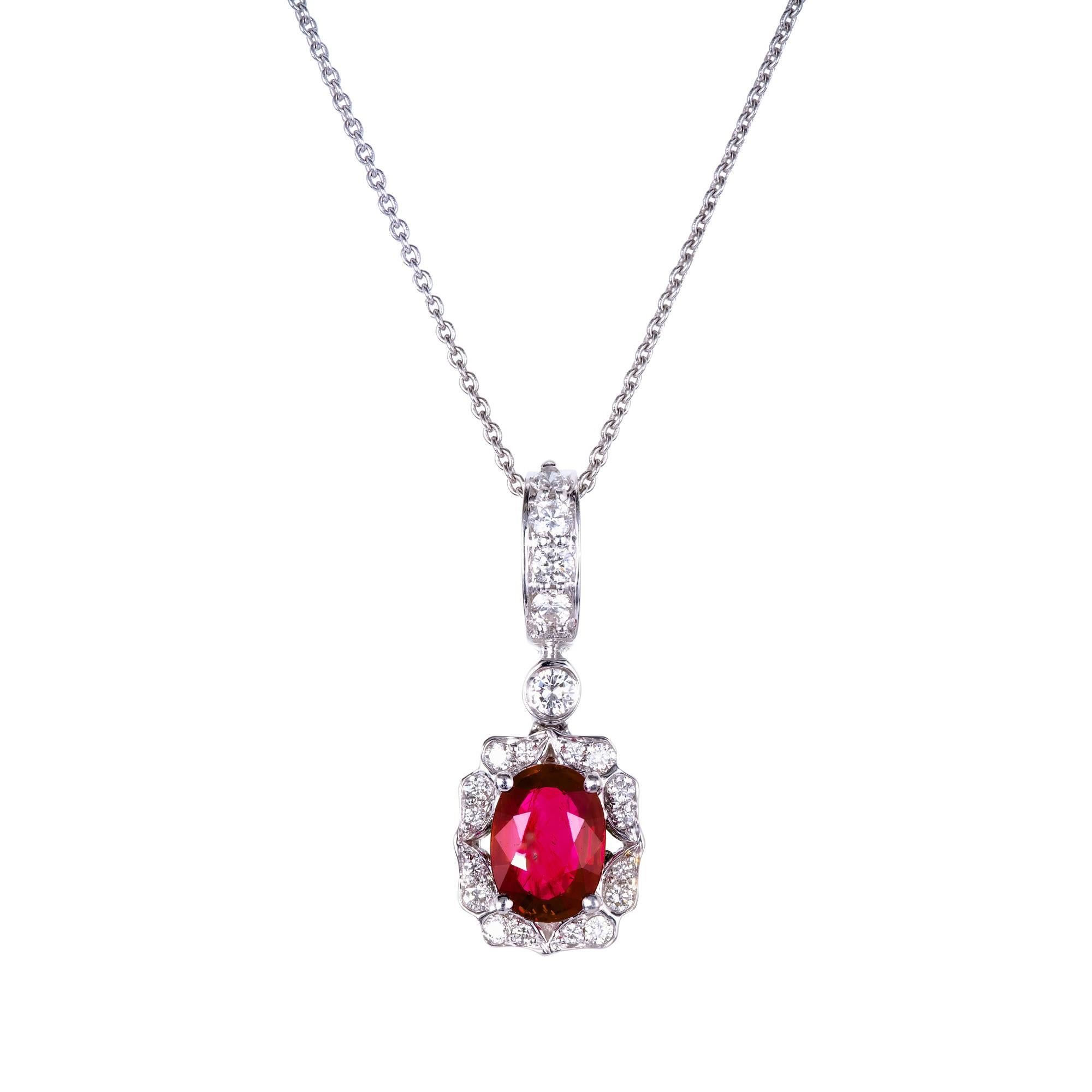 .90 Carat Oval Bright Red Ruby Diamond Gold Pendant Necklace
