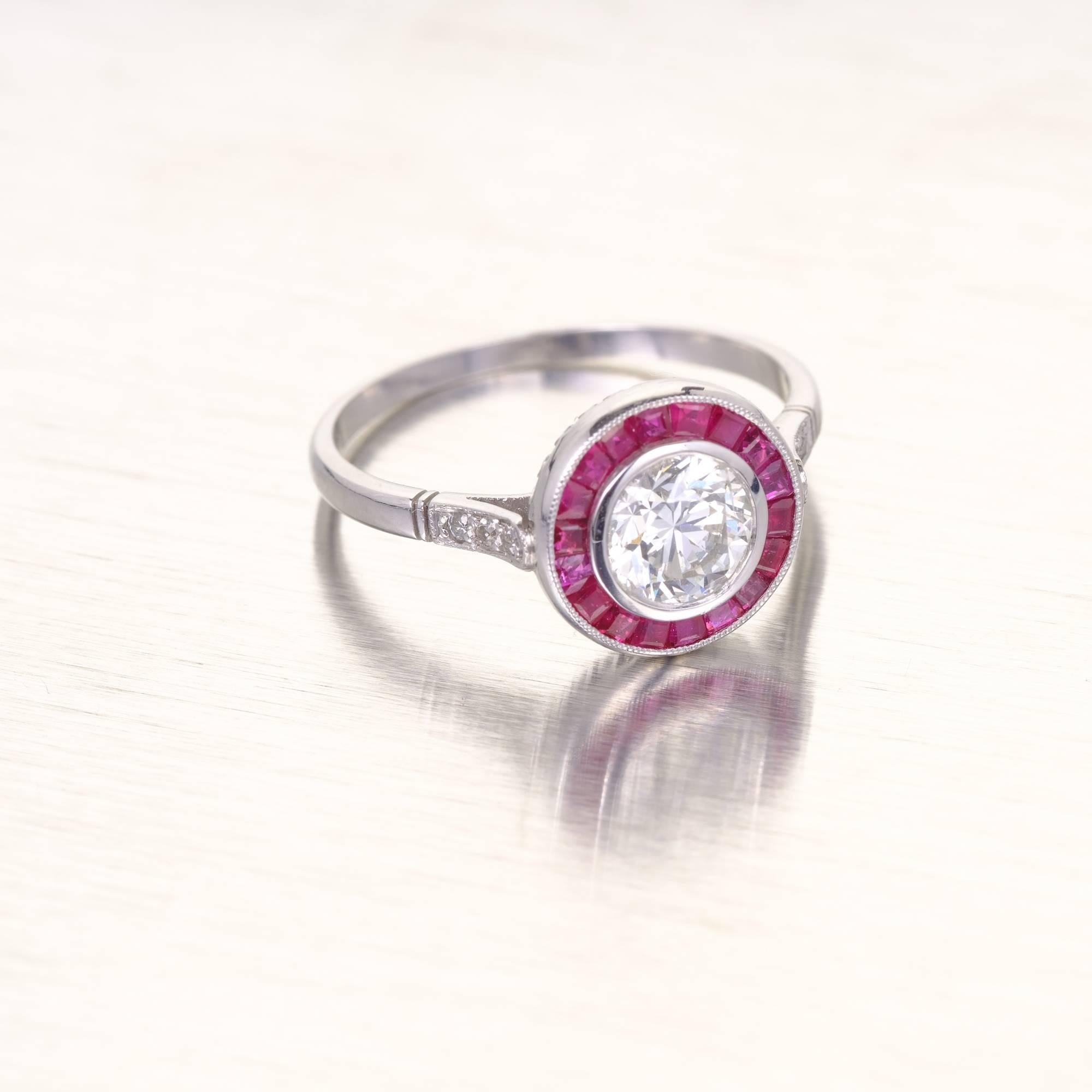 Round Cut Peter Suchy EGL Certified .81 Diamond Ruby Halo Platinum Engagement Ring For Sale