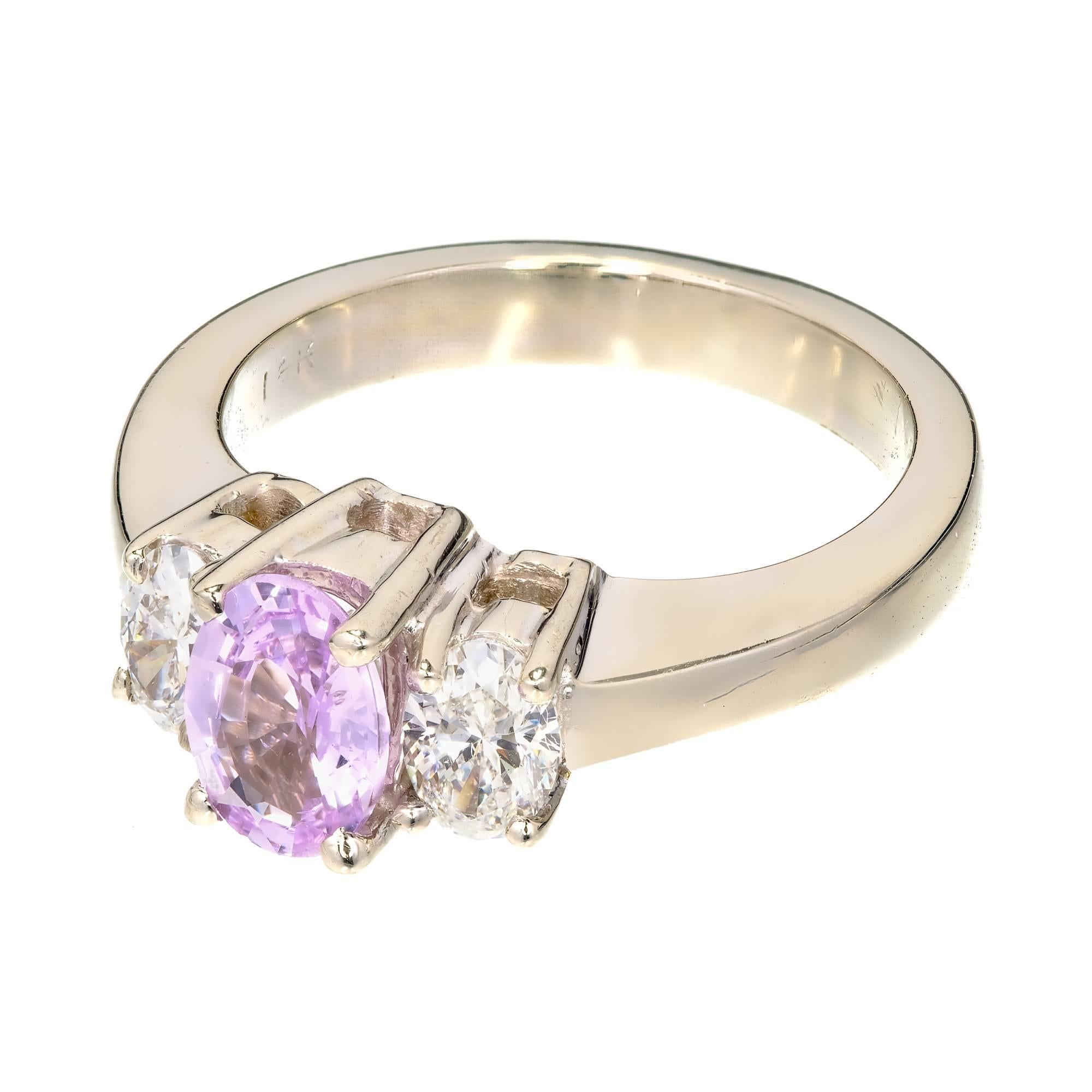 Peter Suchy Pink Purple Sapphire Diamond Gold Three-Stone Engagement Ring For Sale 1