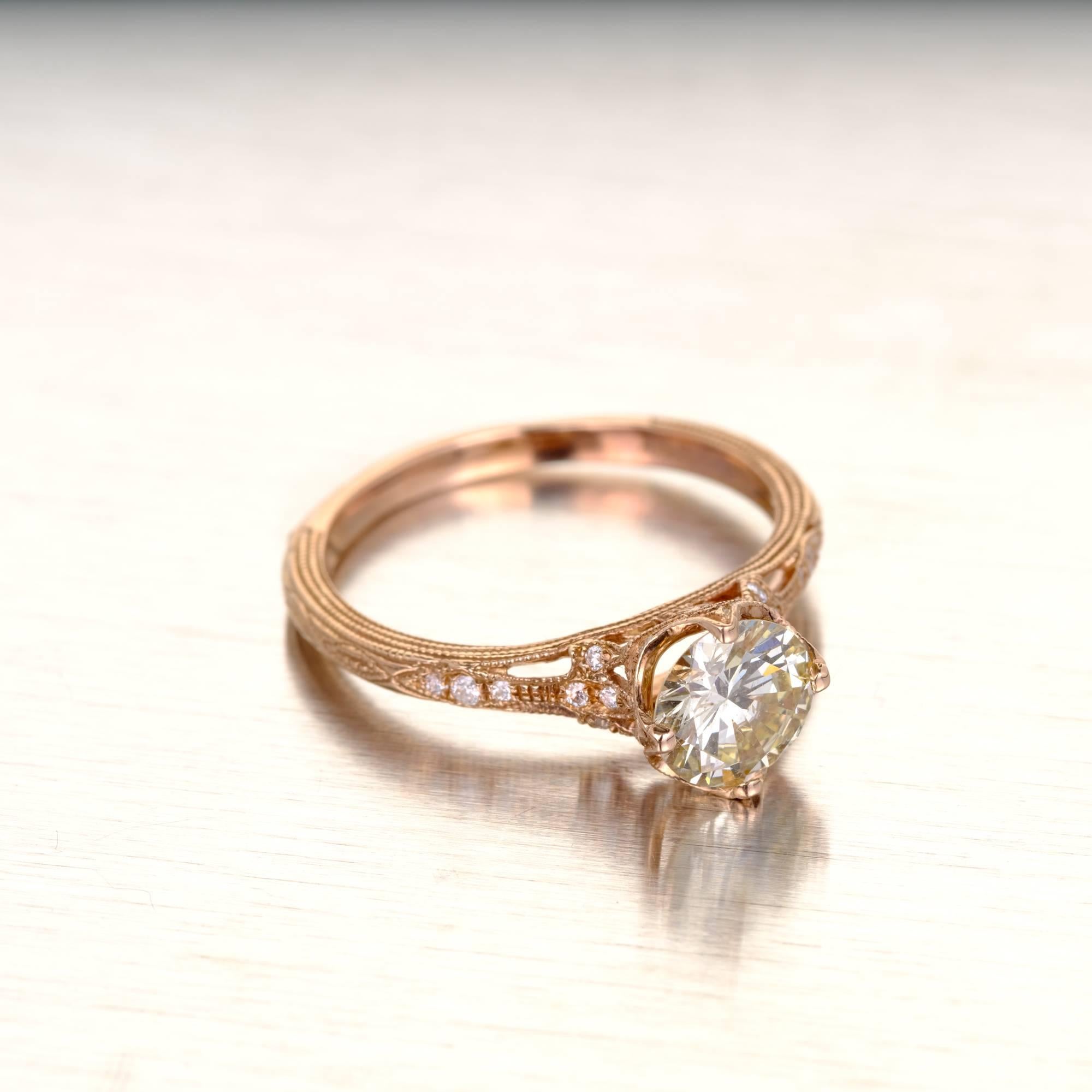 Taille ronde Peter Suchy Bague de fiançailles en or jaune clair avec diamants de 0,98 carat certifiés GIA en vente