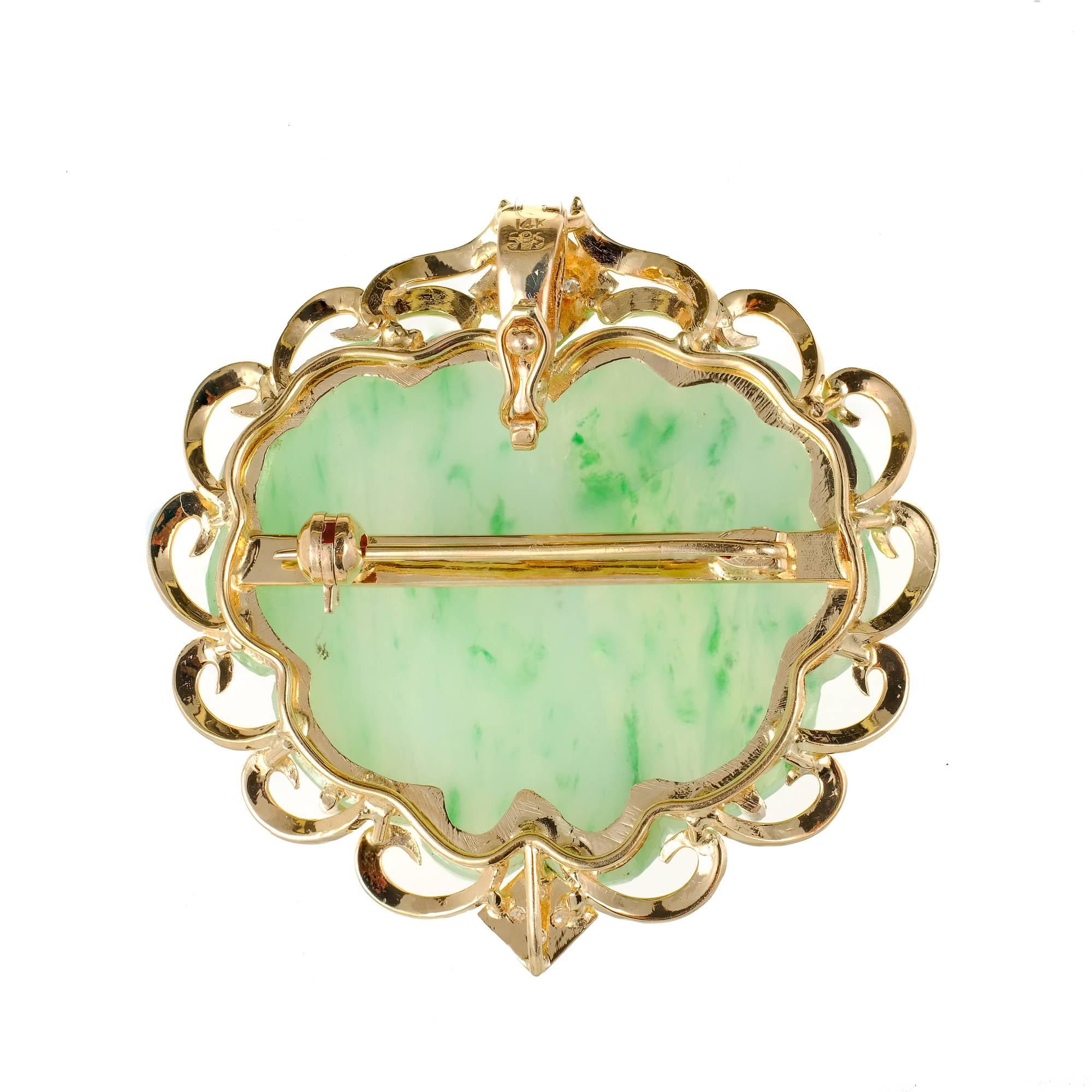 GIA Certified Jadeite Jade Carved Mottled Green Diamond Gold Pendant Brooch 2