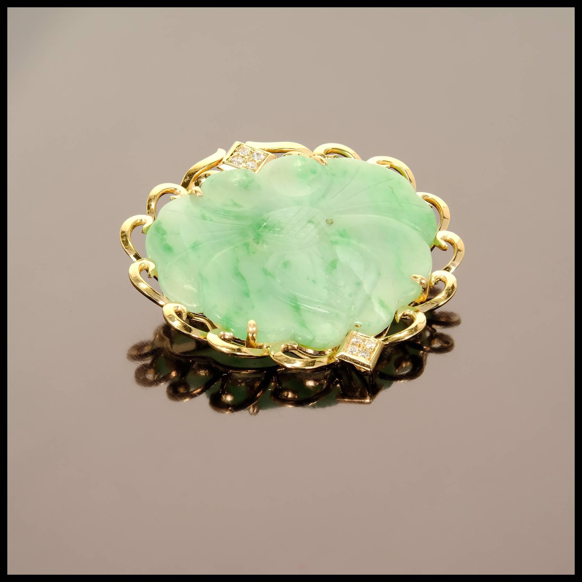 GIA Certified Jadeite Jade Carved Mottled Green Diamond Gold Pendant Brooch In Good Condition In Stamford, CT