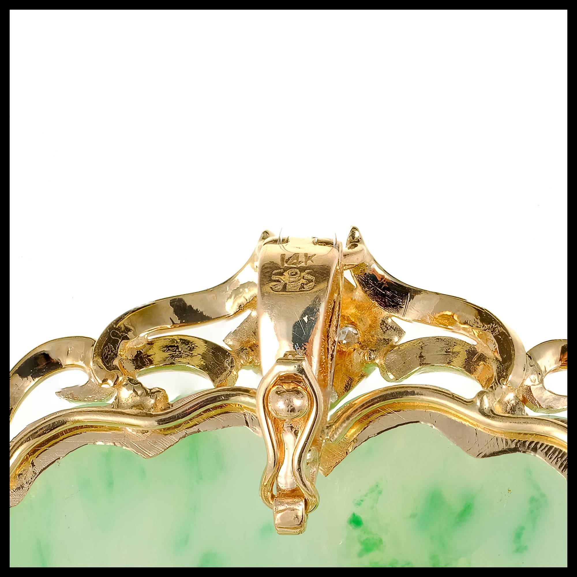 GIA Certified Jadeite Jade Carved Mottled Green Diamond Gold Pendant Brooch 3