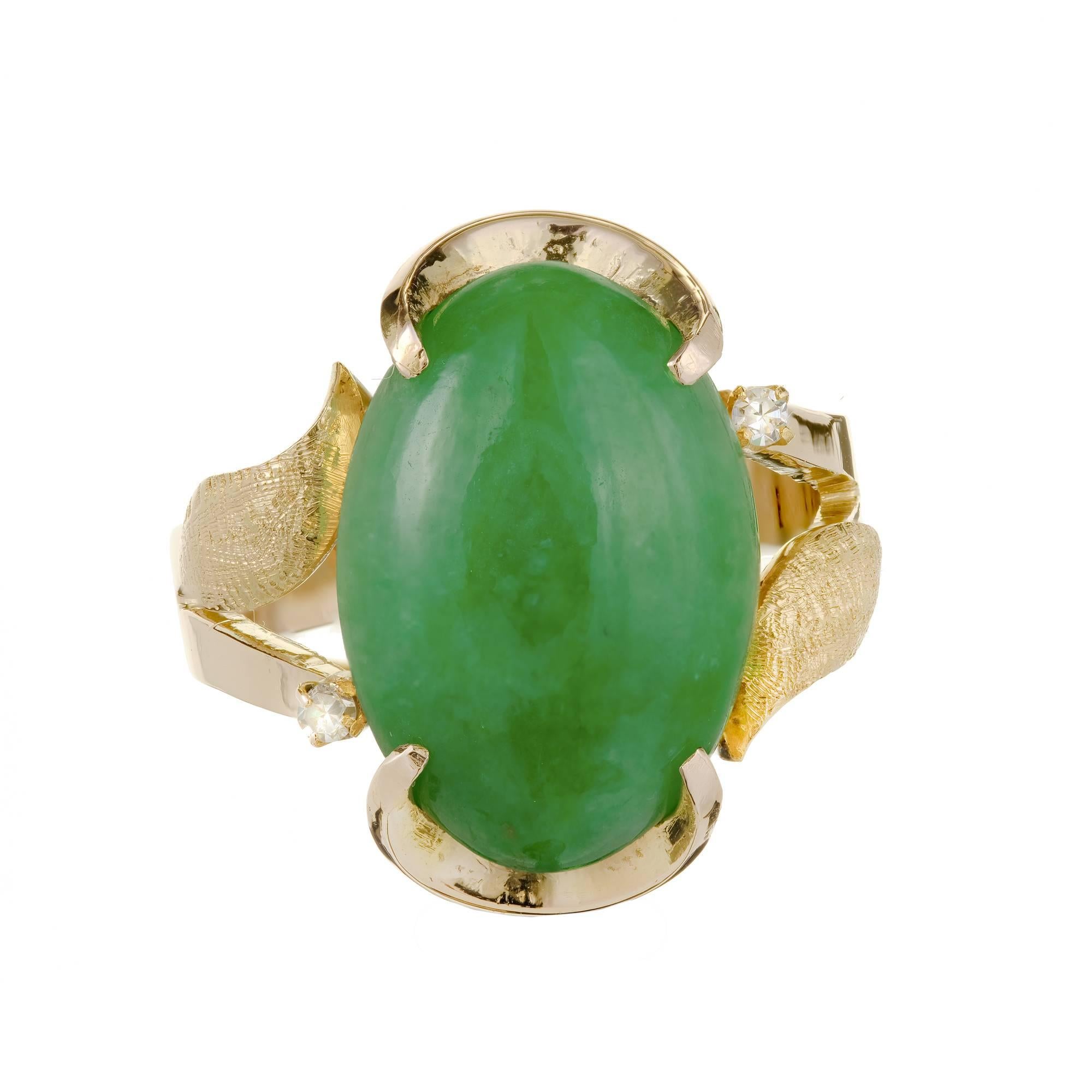 GIA Certified Natural Mottled Green Jadeite Jade Diamond Gold Cocktail Ring