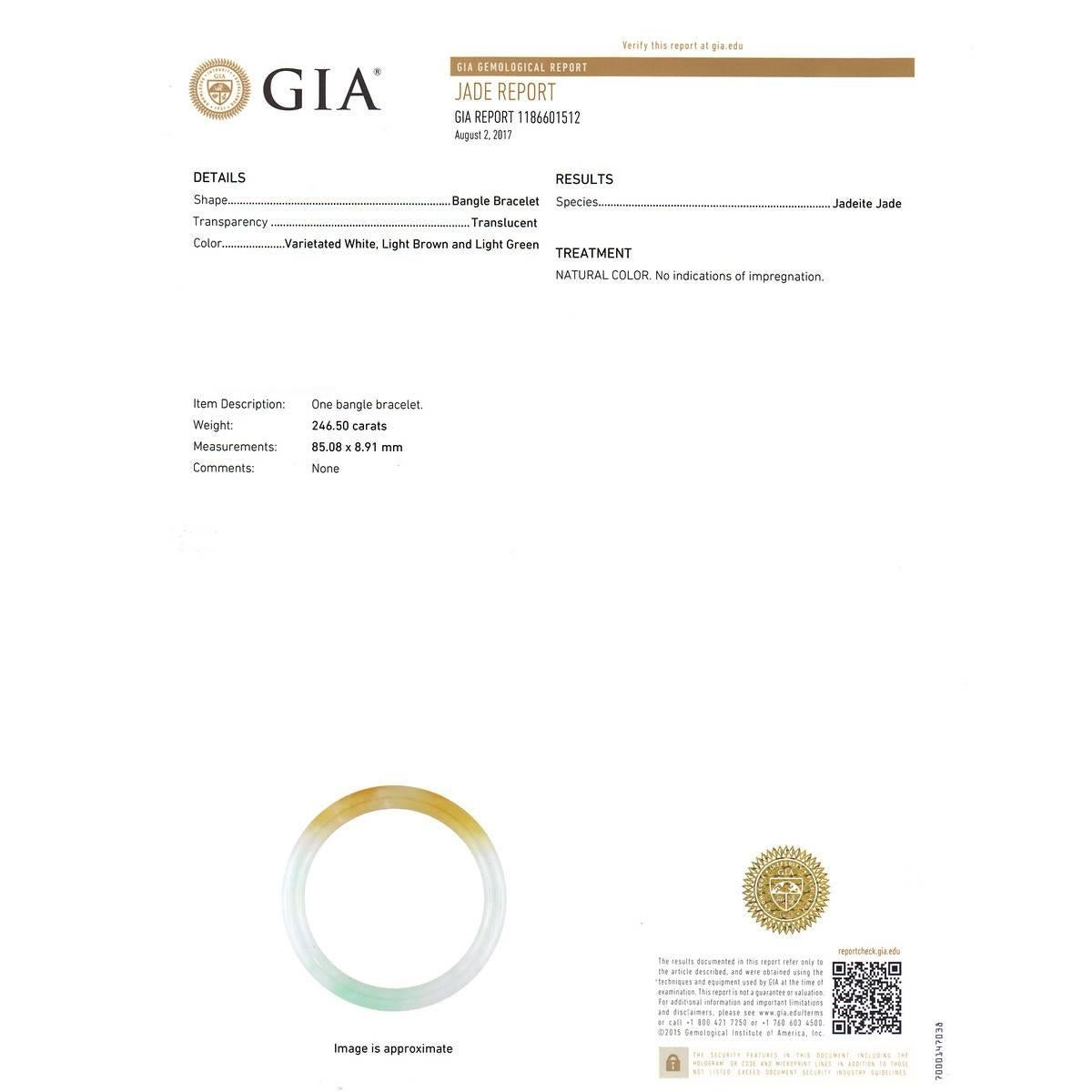GIA Certified Jadeite Jade Blended White Brown Green Slip on Bangle Bracelet In Good Condition In Stamford, CT