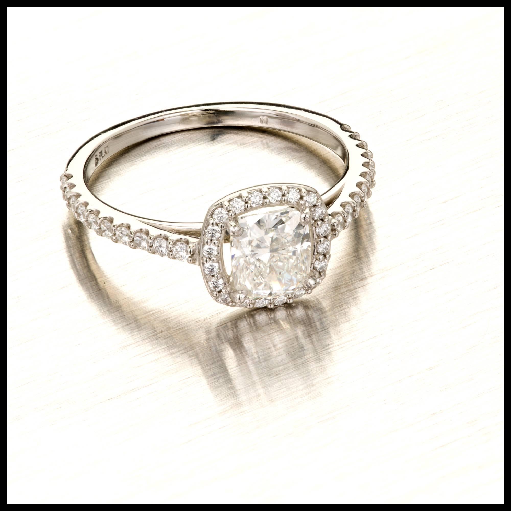 Peter Suchy cushion halo Diamond engagement ring in solid Platinum with a bright sparkly center cushion cut GIA certified Diamond and high grade full cut round Diamond accents. Carefully designed and made so a wedding band will fit flush next to