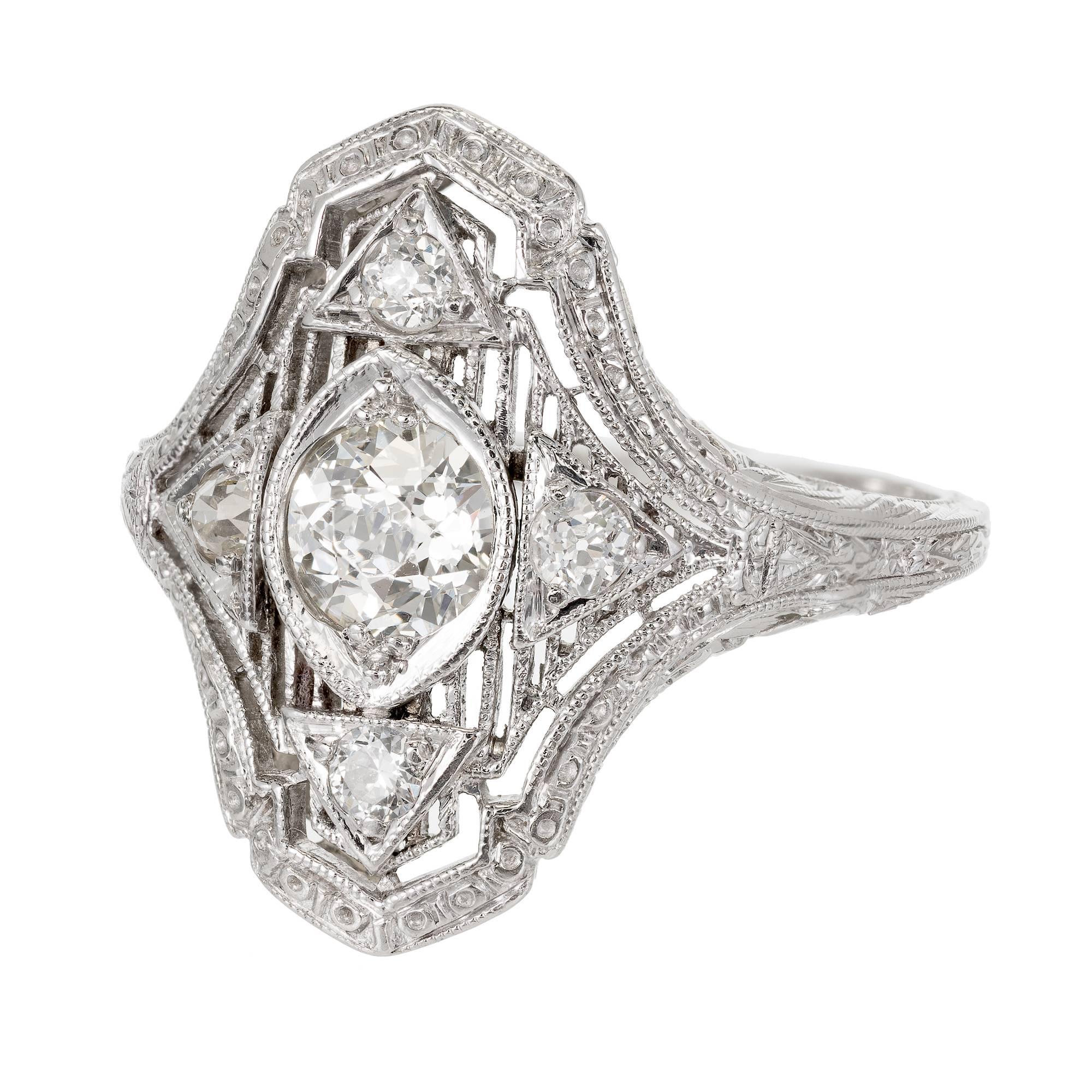 All original Edwardian pierced top ring circa 1910-1919 with an old European cut bright sparkly Diamonds. EGL certified.

1 old European cut Diamond, approx. total weight .51cts, H – I, VS2, EGL certificate # US314092201D
4 old European cut