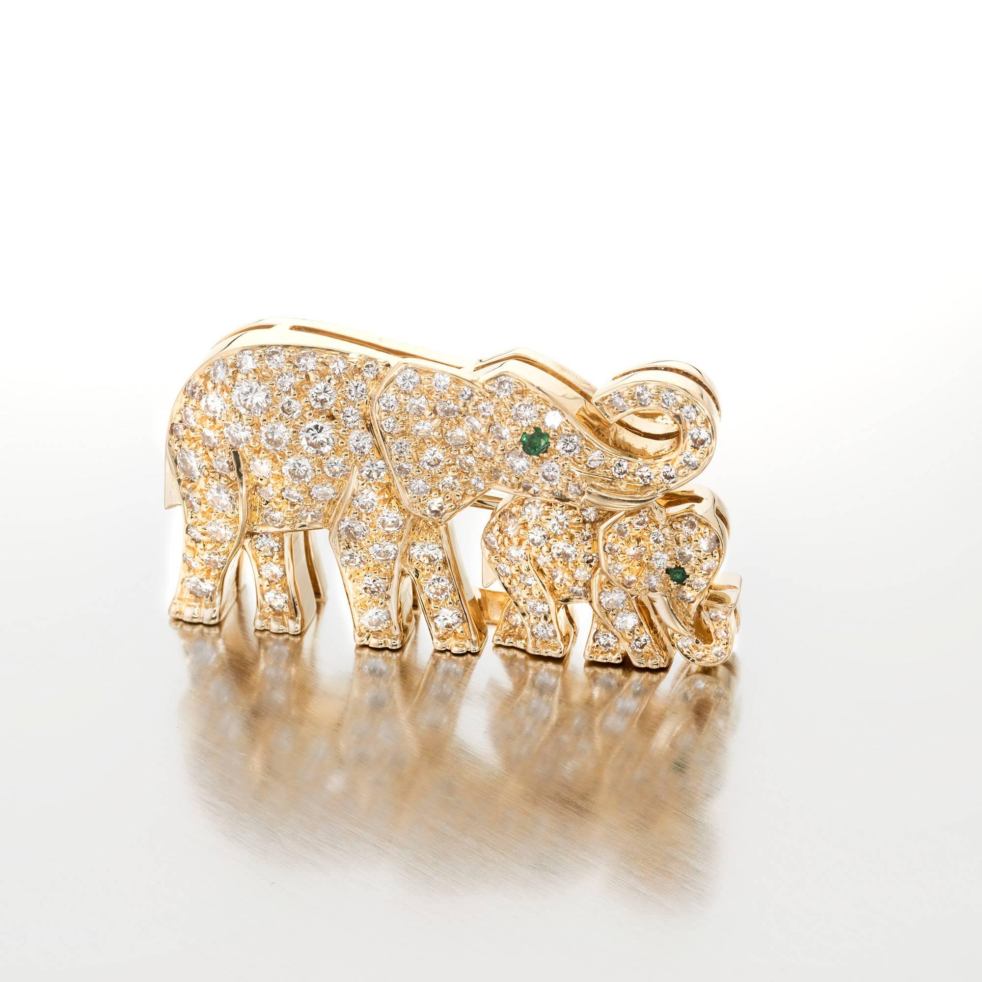 Cartier  Diamond Emerald Gold Elephant Brooch 1