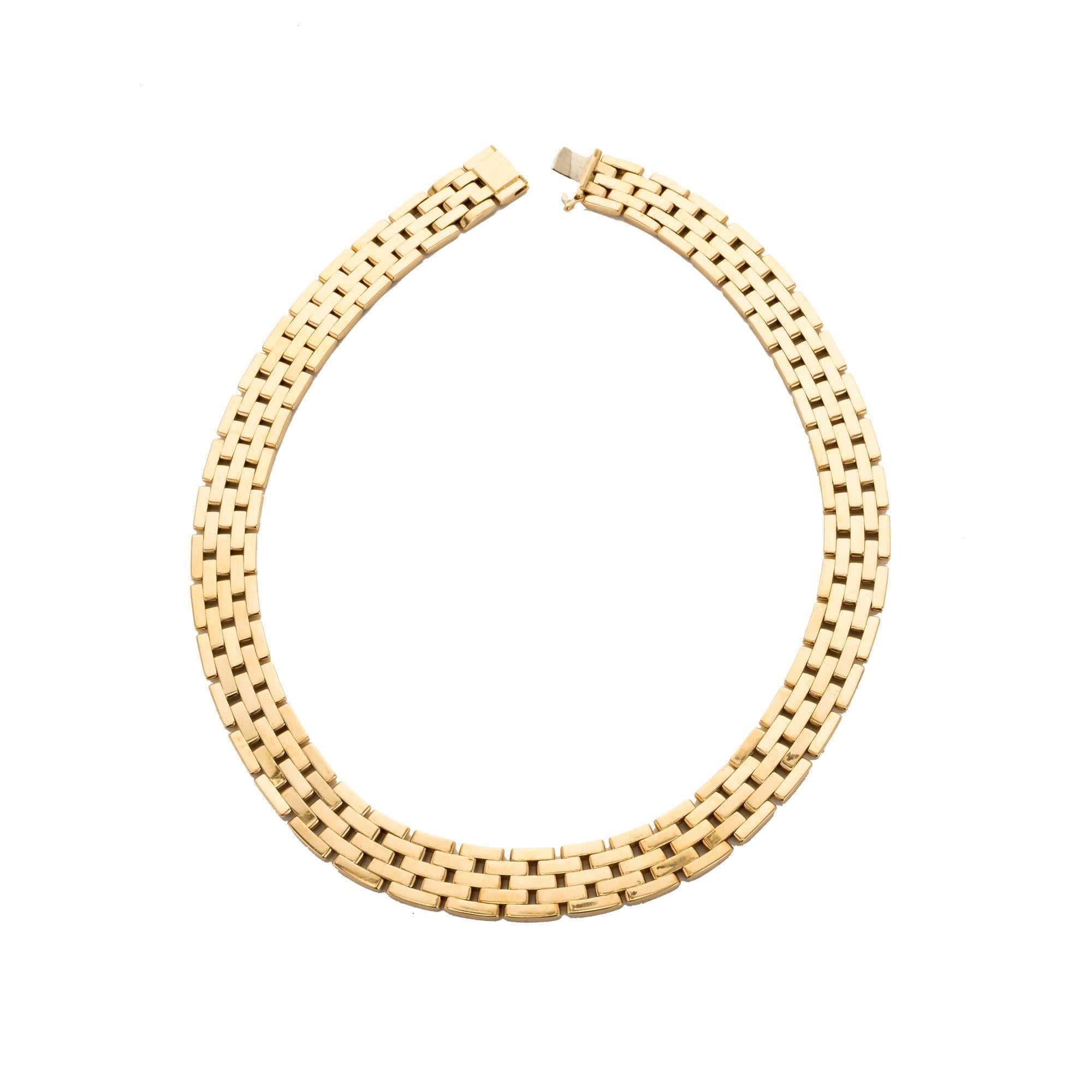 Cartier Maillon Panthere five row solid 18k gold necklace. 

18k Yellow gold
Tested: 18k
Stamped: 750
Hallmark: Cartier 632867
14.5 grams
Width: 14mm
Thickness: 2.7mm
Length: 18 inches
