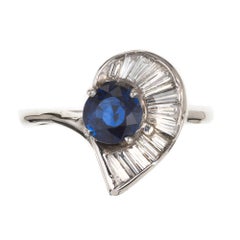 Vintage GIA Certified .98 Carat Sapphire Swirl Baguette Diamond Gold Cocktail Ring