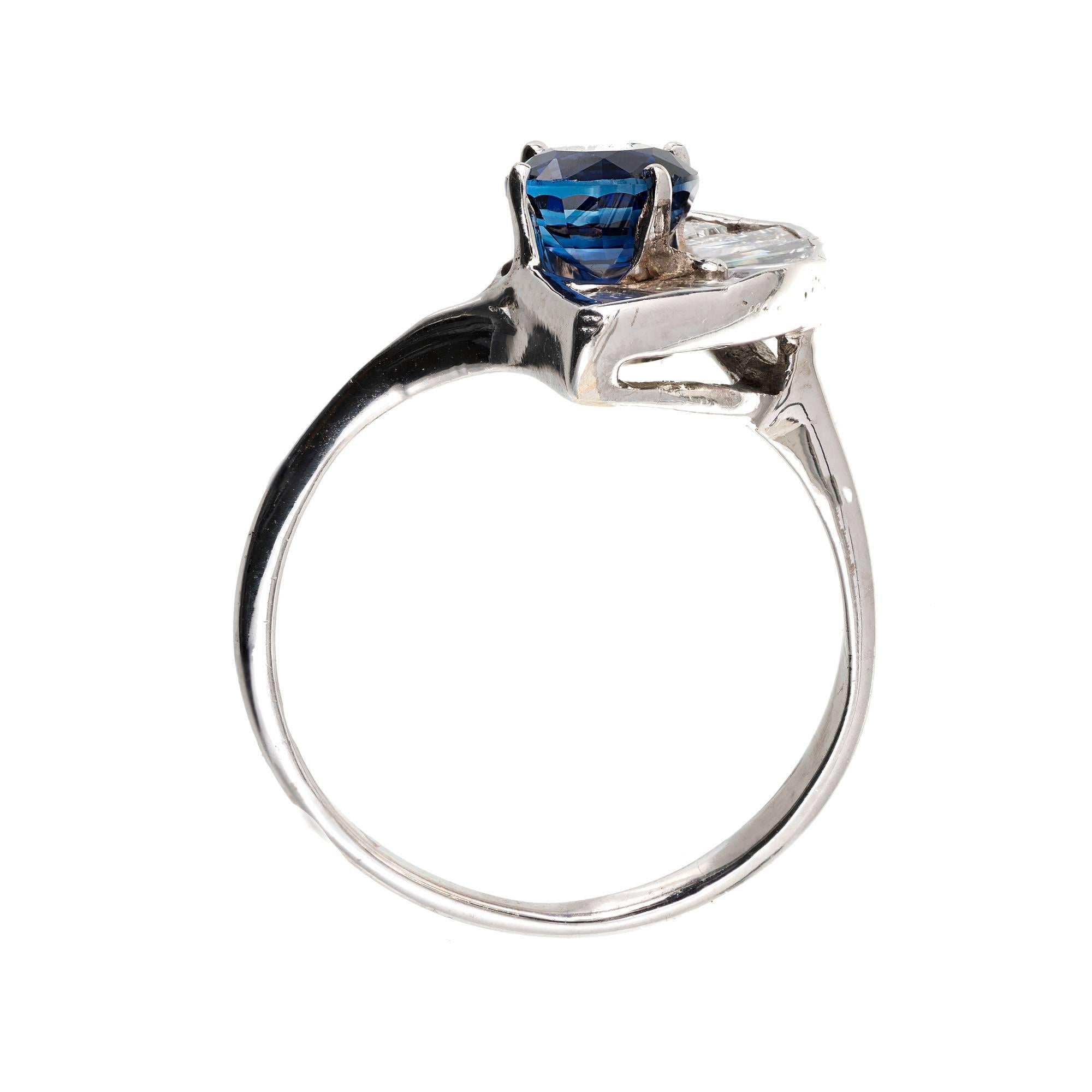 GIA Certified .98 Carat Sapphire Swirl Baguette Diamond Gold Cocktail Ring For Sale 1