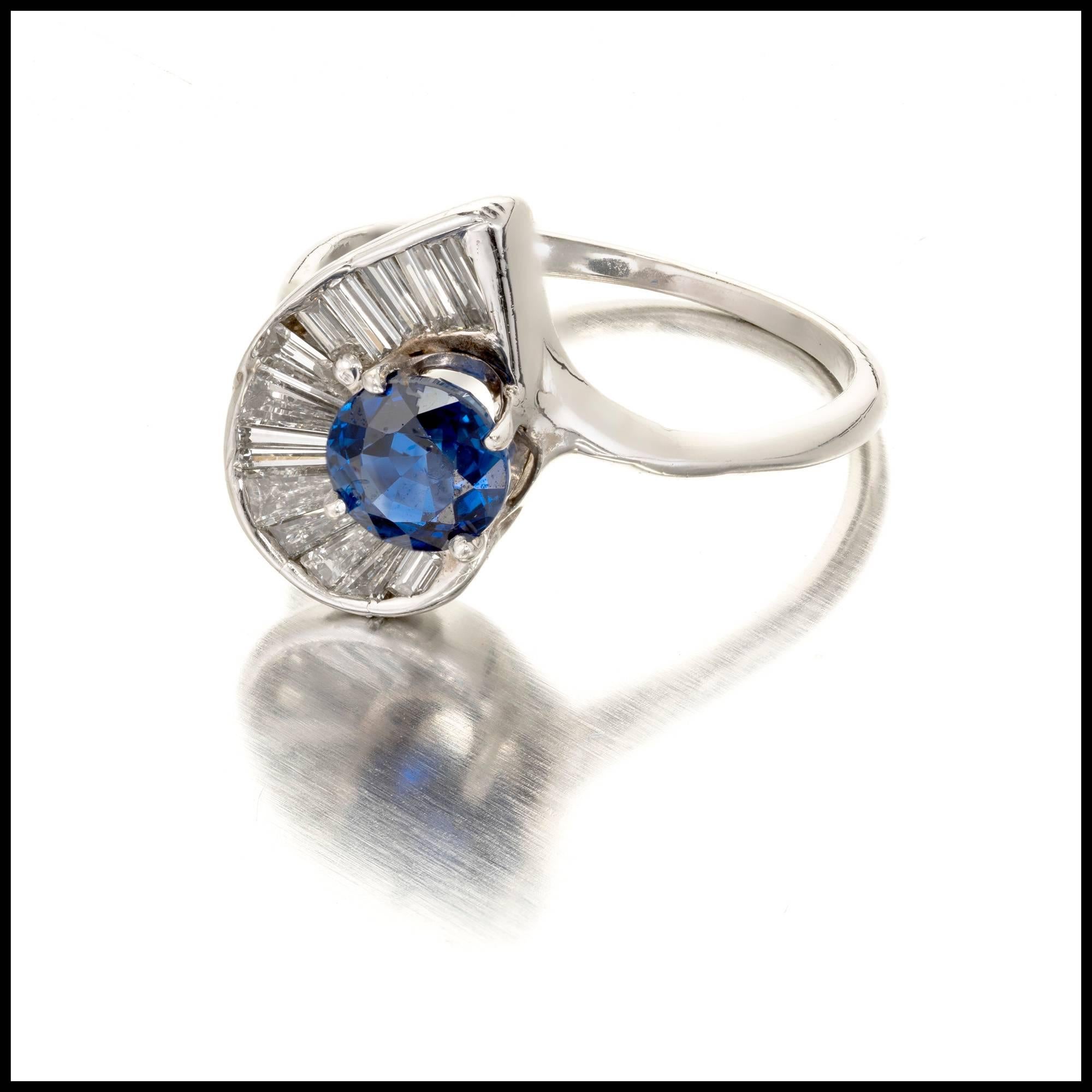 GIA Certified .98 Carat Sapphire Swirl Baguette Diamond Gold Cocktail Ring For Sale 3
