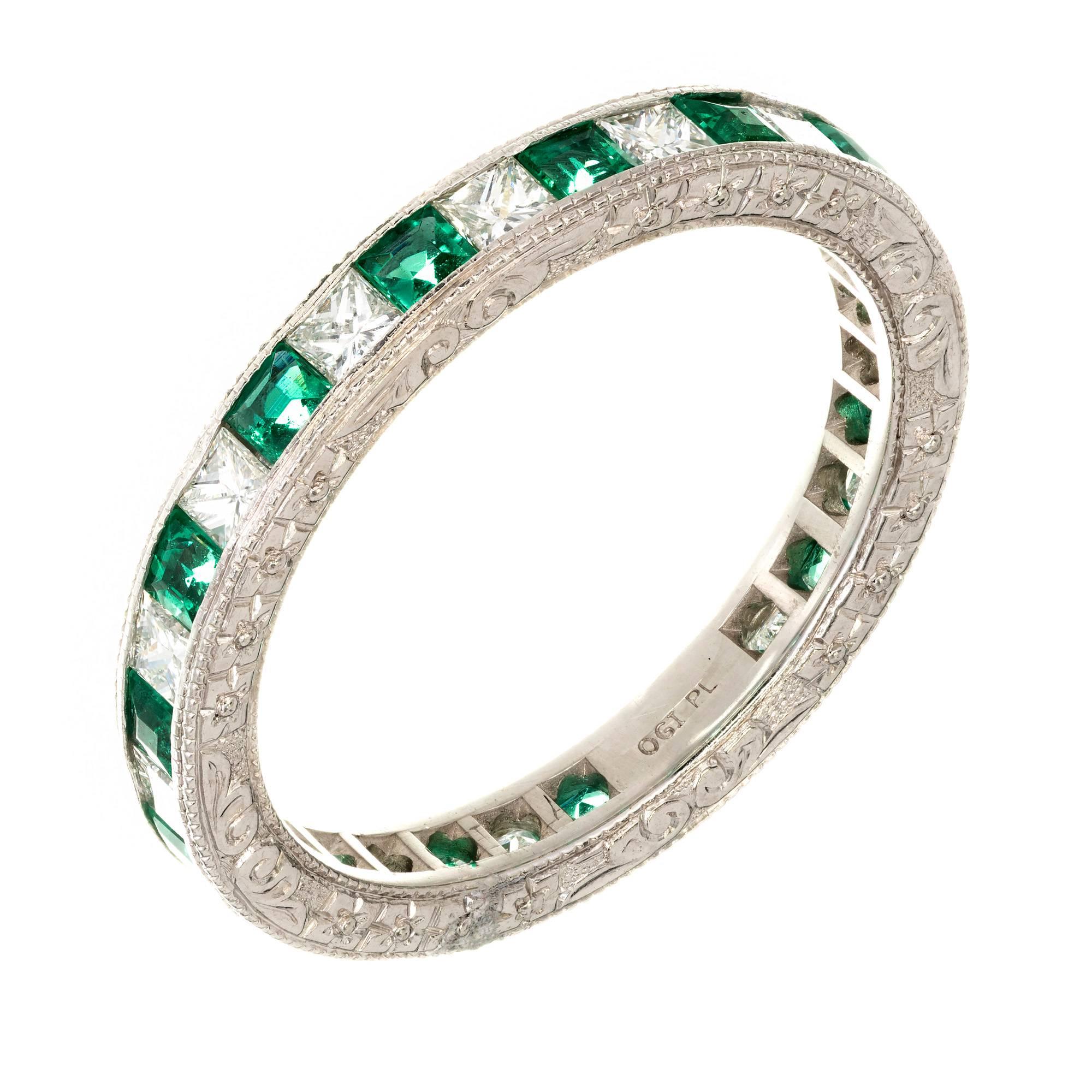 1.60 Carat Emerald Diamond Beaded Channel Set Platinum Wedding Band