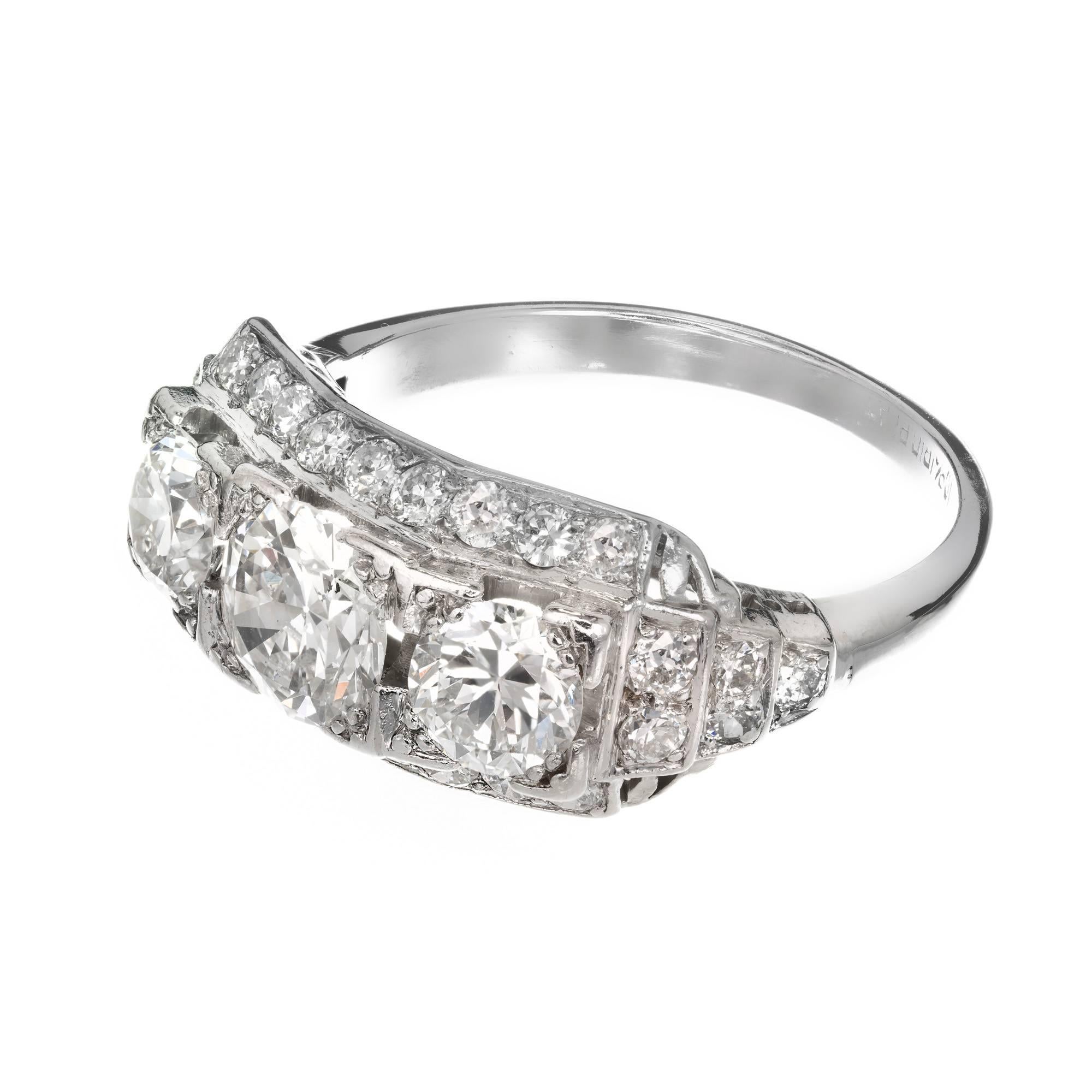 Round Cut EGL Certified Art Deco Diamond Three-Stone Platinum Engagement Ring