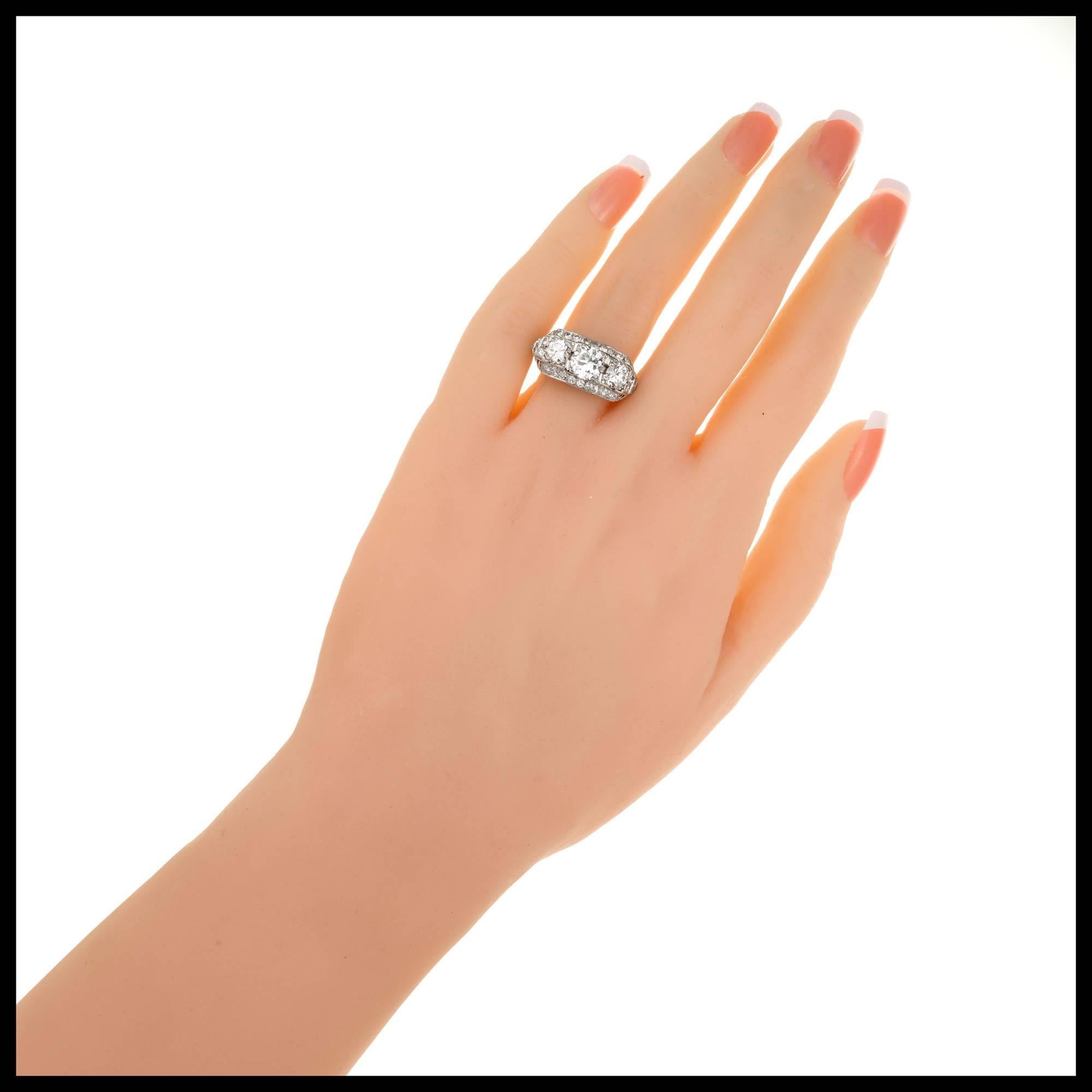 EGL Certified Art Deco Diamond Three-Stone Platinum Engagement Ring 3