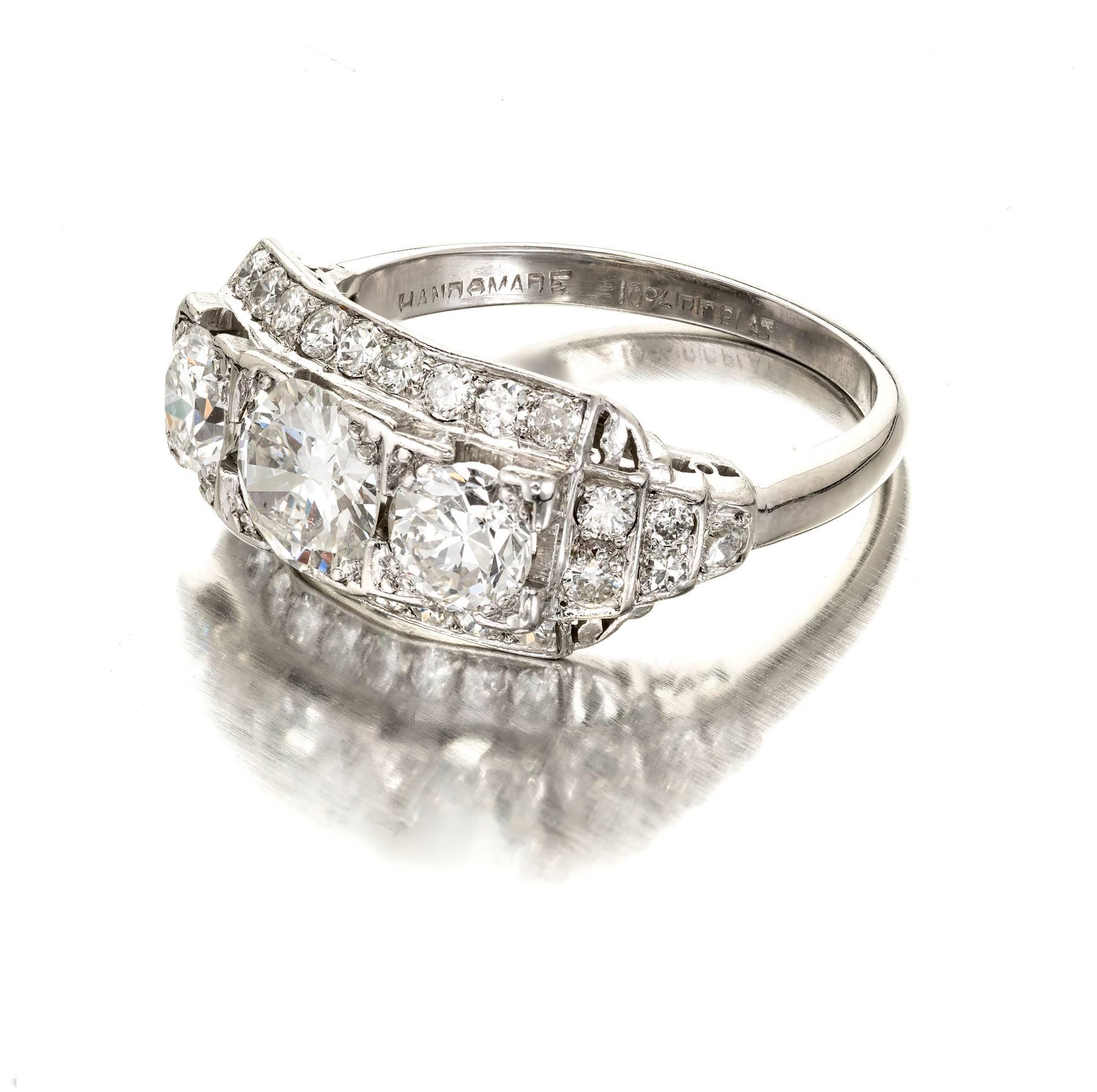 EGL Certified Art Deco Diamond Three-Stone Platinum Engagement Ring 4