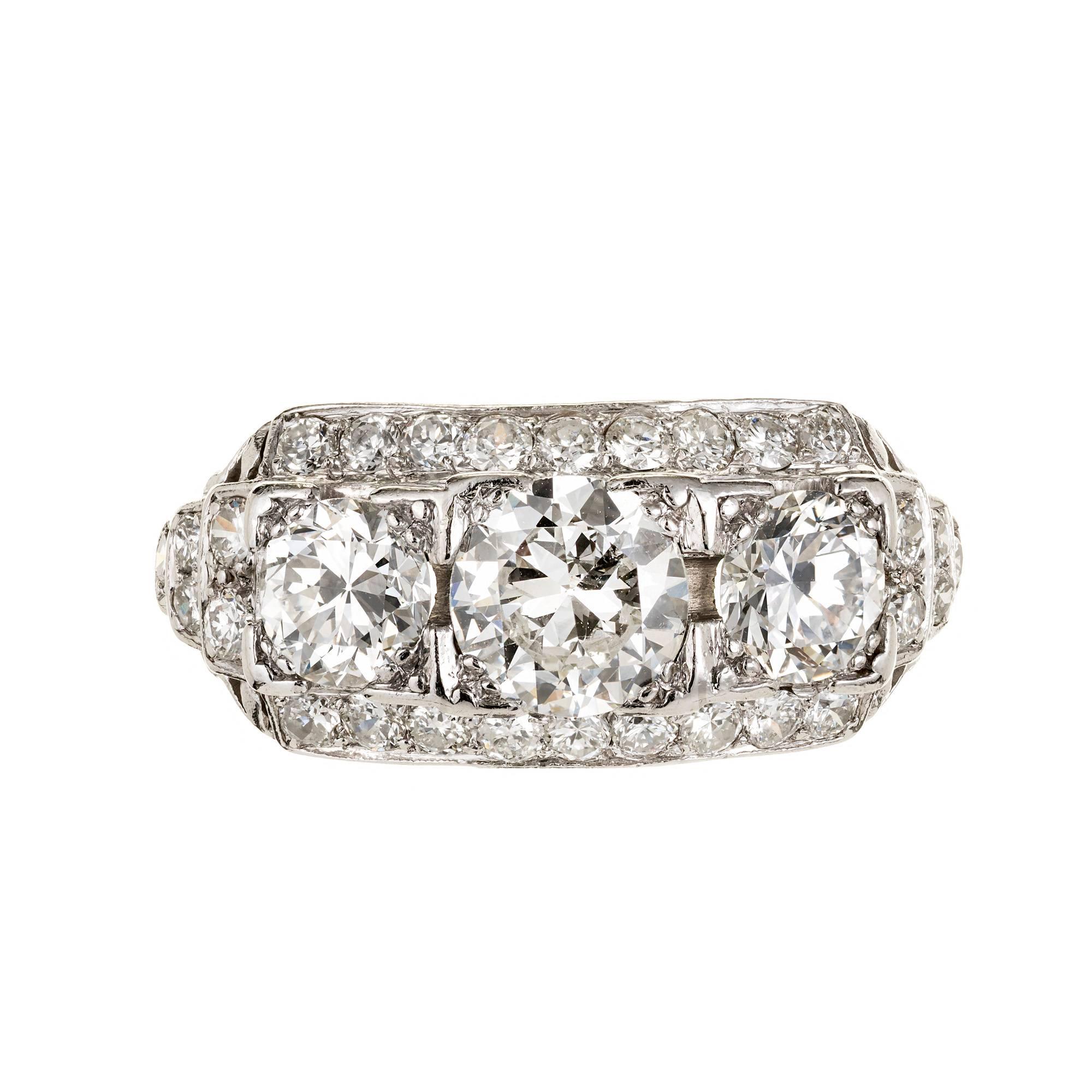 EGL Certified Art Deco Diamond Three-Stone Platinum Engagement Ring
