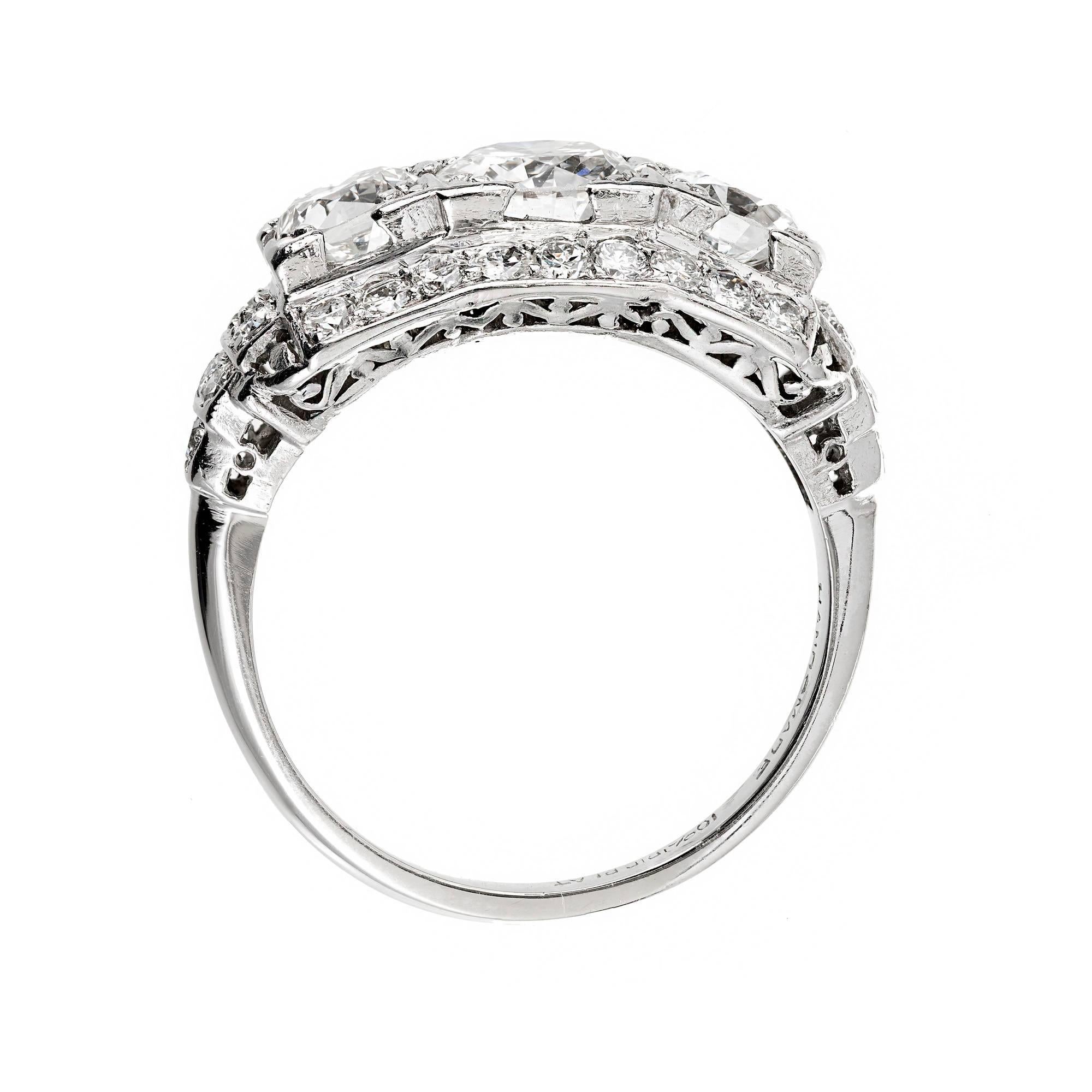 EGL Certified Art Deco Diamond Three-Stone Platinum Engagement Ring 2
