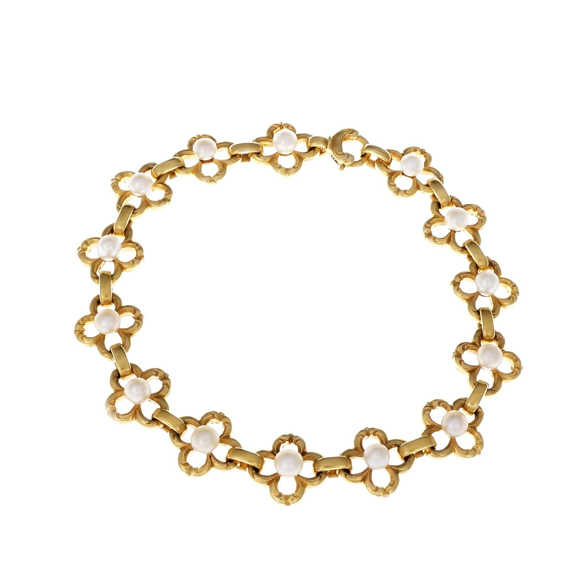 Round Cut GIA Certified Natural Pearl Gold Art Nouveau Bracelet