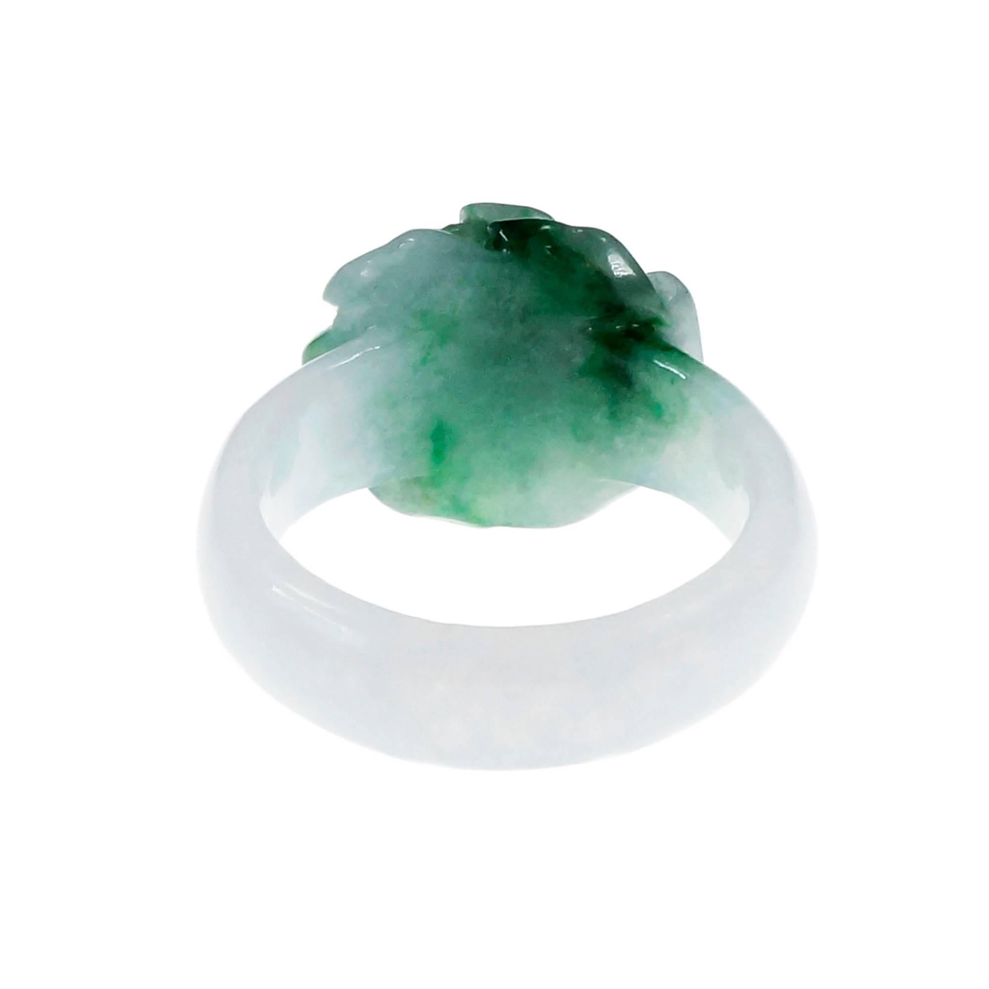 GIA Certified Natural Jadeite Jade Green White Flower Cocktail Ring In Good Condition In Stamford, CT