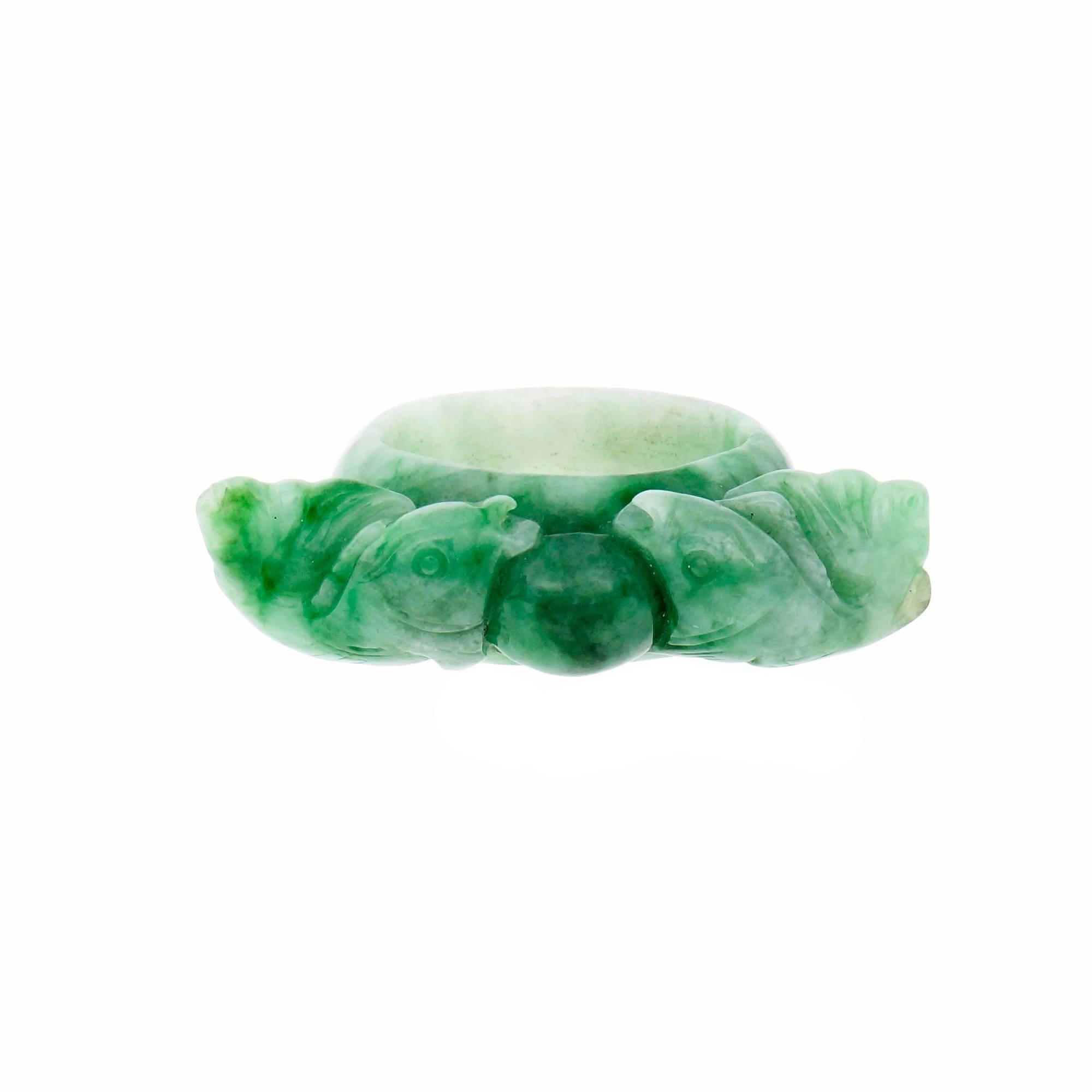 GIA Certified Natural Jadeite Jade Green Across the Finger Double Fish Ring For Sale 2
