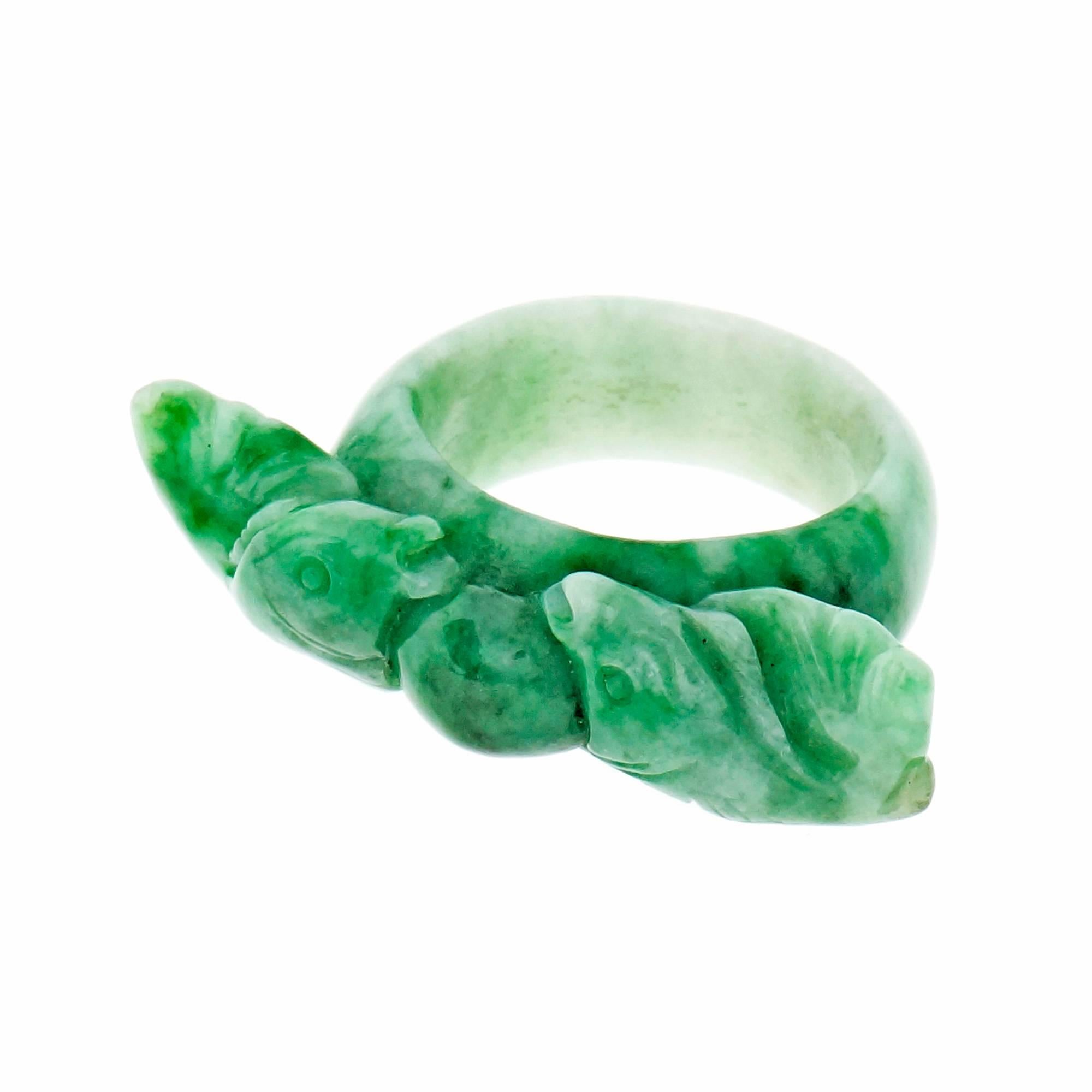 GIA Certified Natural Jadeite Jade Green Across the Finger Double Fish Ring For Sale