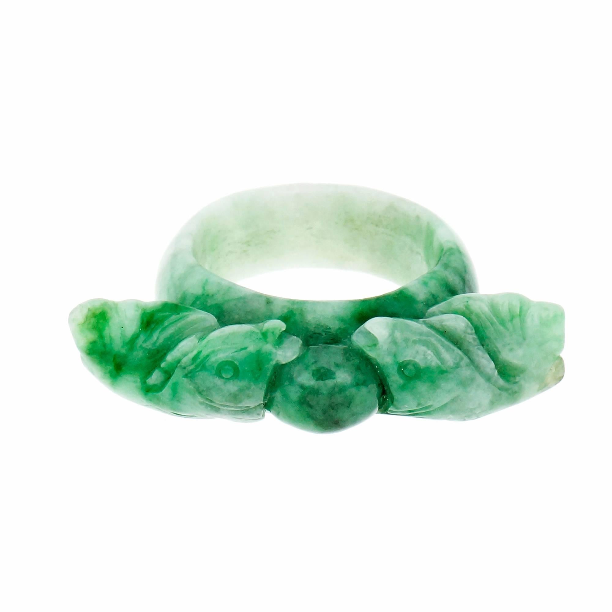 GIA Certified Natural Jadeite Jade Green Across the Finger Double Fish Ring For Sale 1