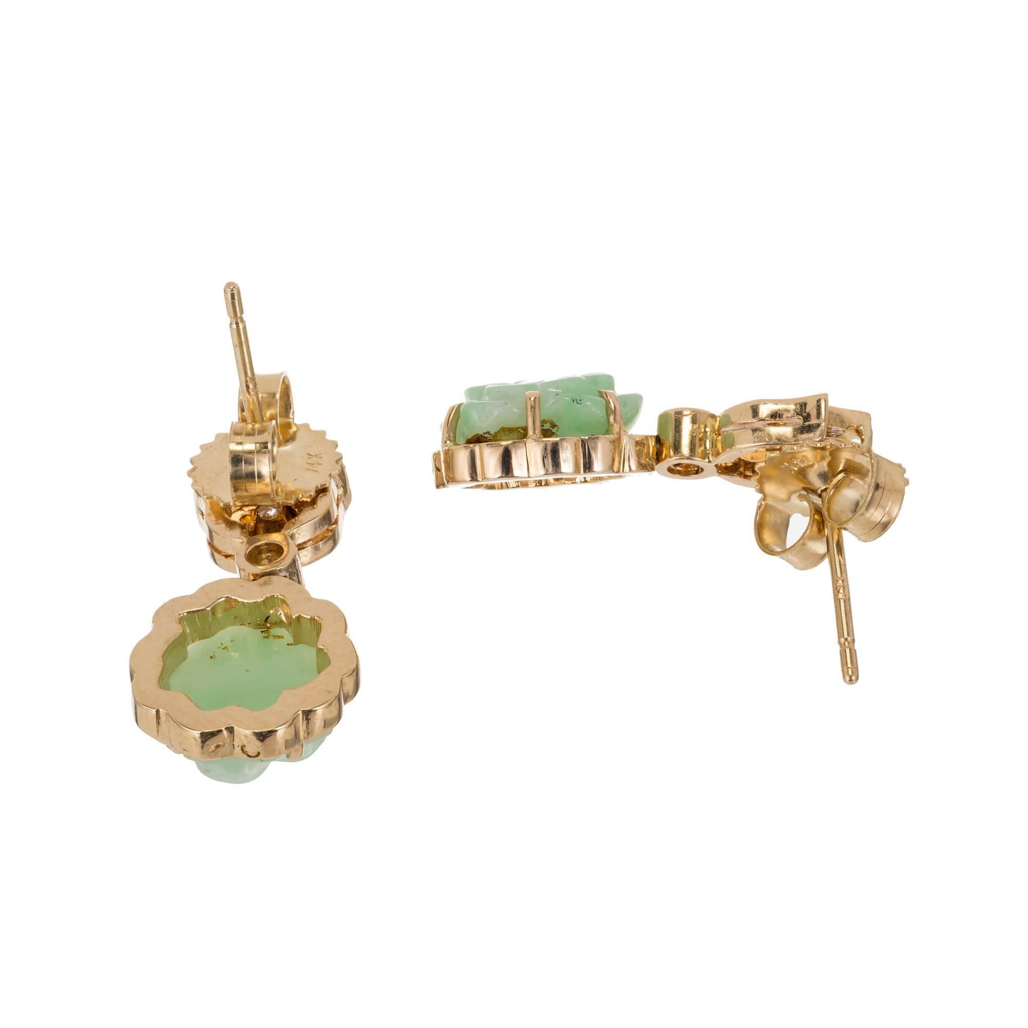 Women's GIA Certified Natural Carved Jadeite Jade Diamond Flower Dangle Earrings