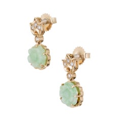 GIA Certified Natural Carved Jadeite Jade Diamond Flower Dangle Earrings