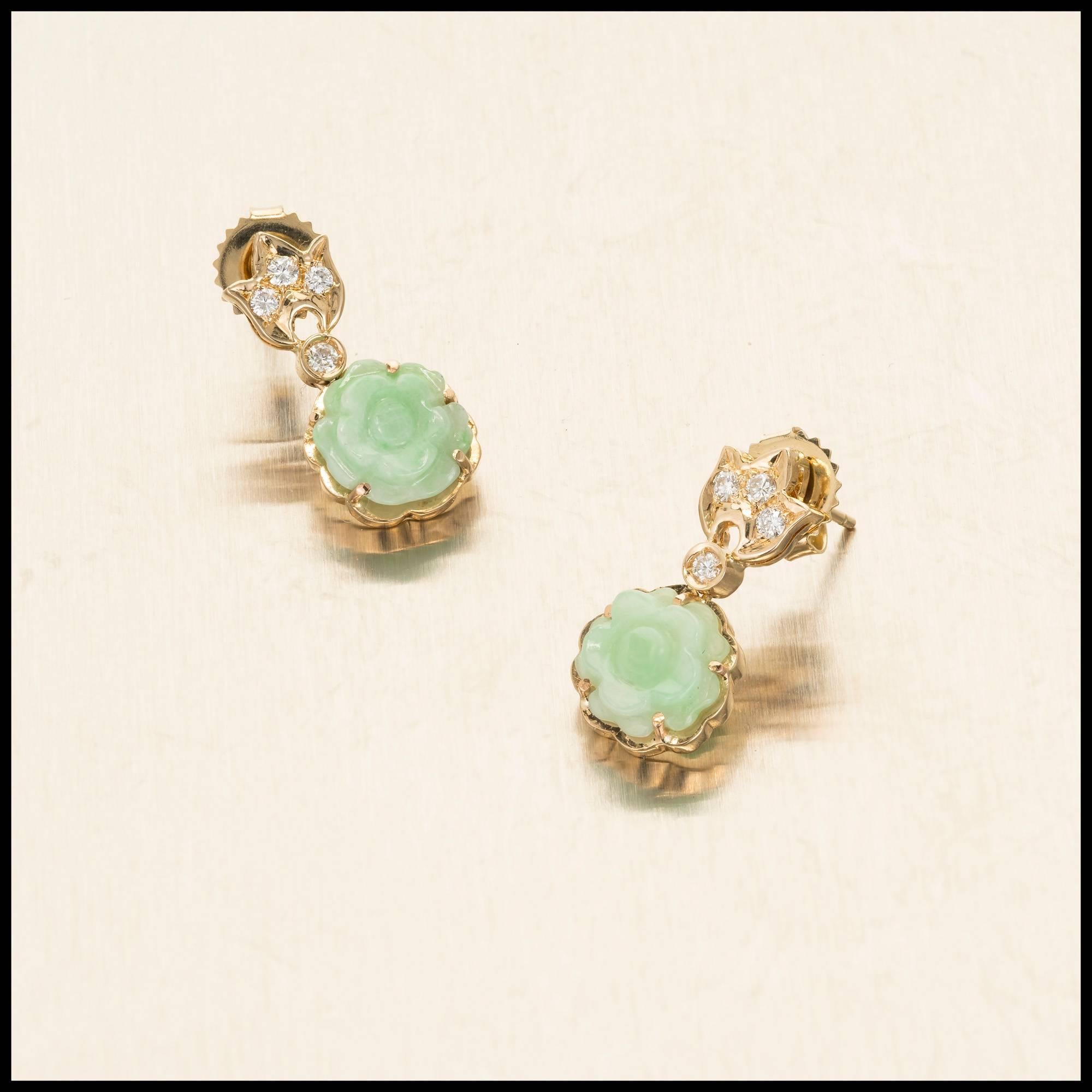 GIA Certified Natural Carved Jadeite Jade Diamond Flower Dangle Earrings 3