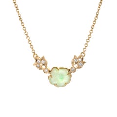GIA Certified Natural Carved Jadeite Jade Diamond Flower Pendant Necklace