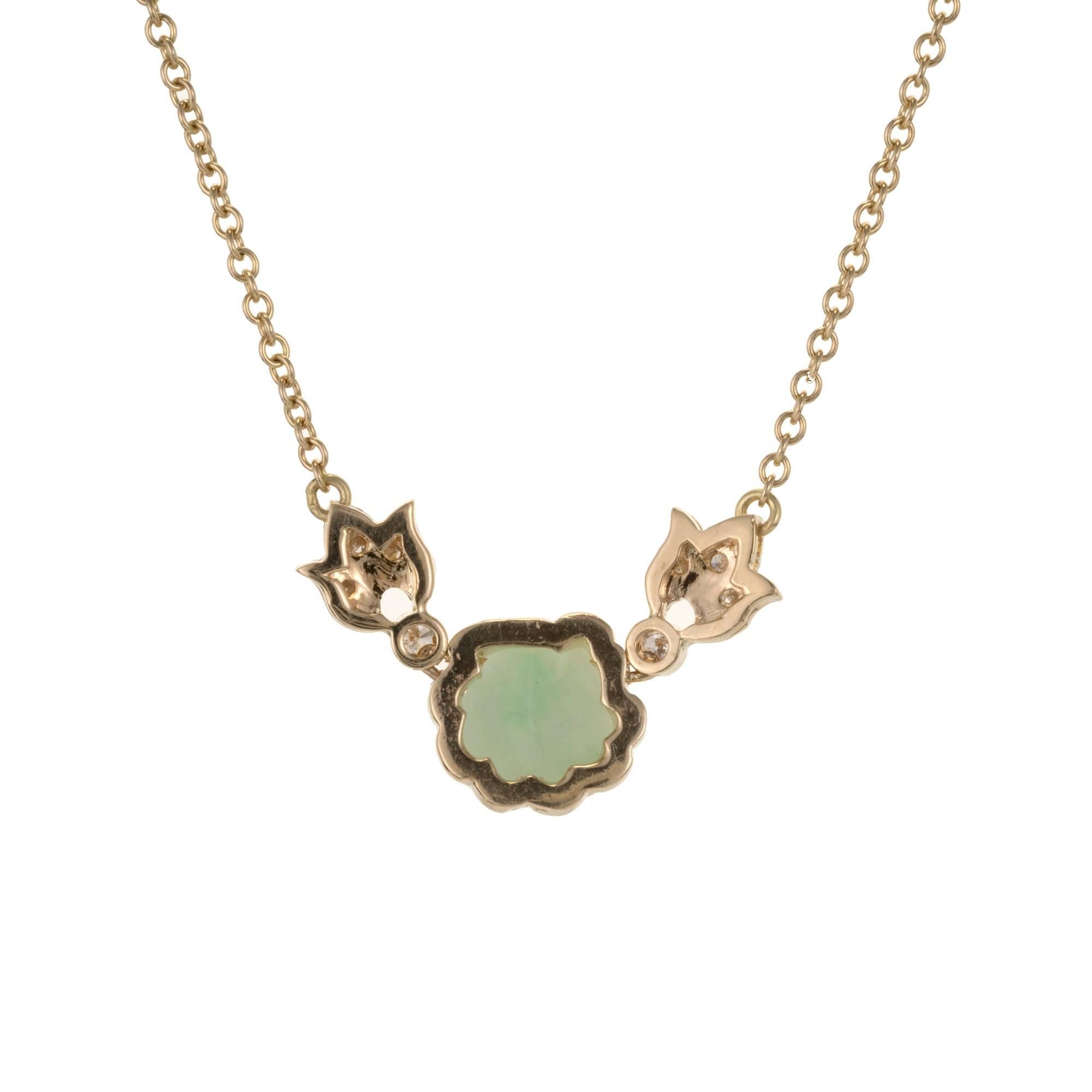 GIA certified Natural untreated Jadeite Jade translucent flower necklace with sparkly full cut Diamond accents on a 14k yellow gold cable chain with a lobster catch.

1 carved light green translucent Jadeite Jade, 9.84 x 9.62 x 2.92mm, GIA