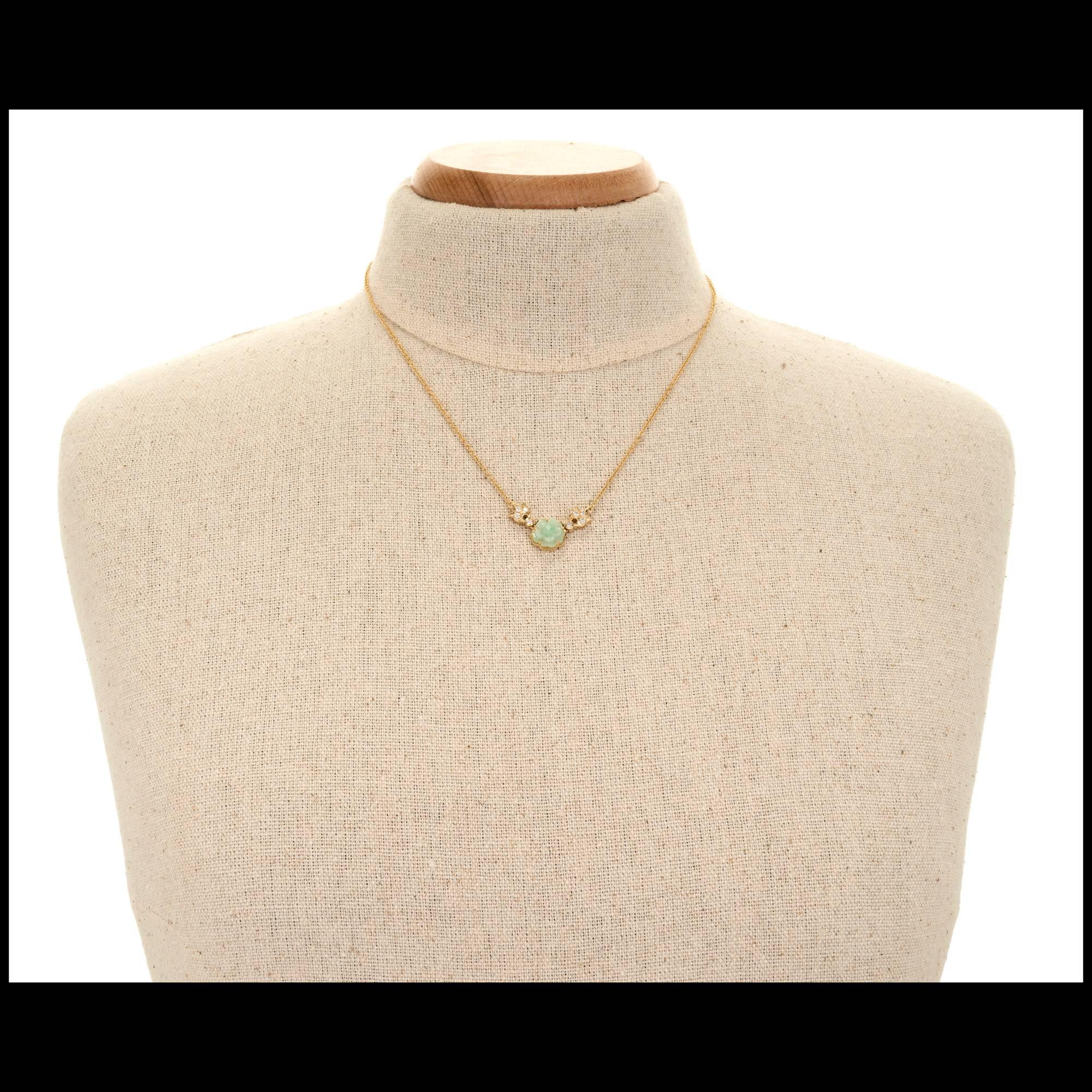 Women's GIA Certified Natural Carved Jadeite Jade Diamond Flower Pendant Necklace