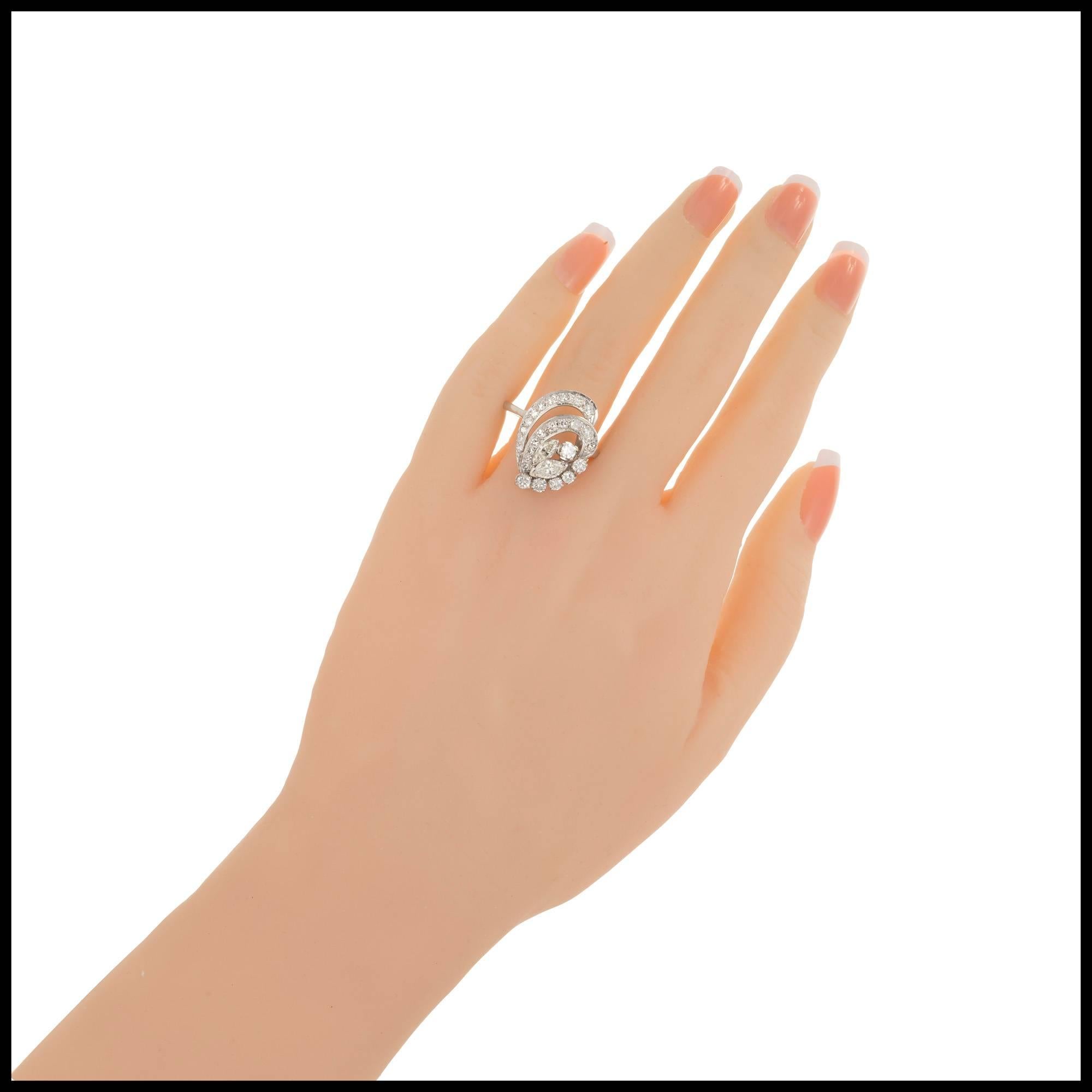 Mid-Century Modern Diamond Swirl Platinum Cocktail Ring For Sale 1