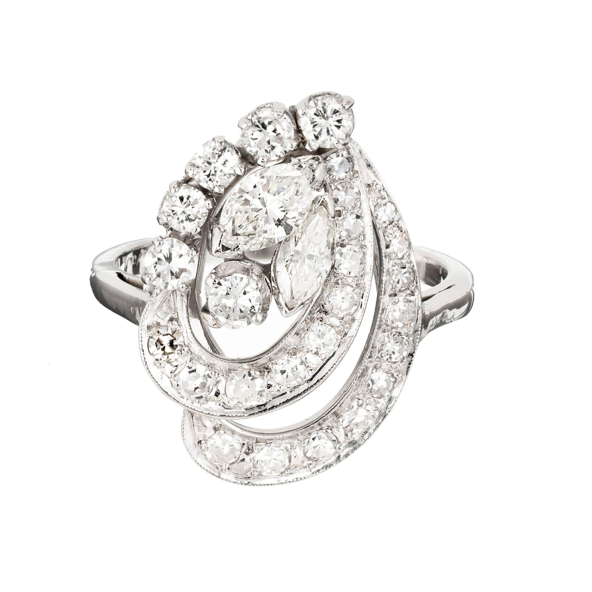 MidCentury Modern Diamond Swirl Platinum Cocktail Ring For Sale at