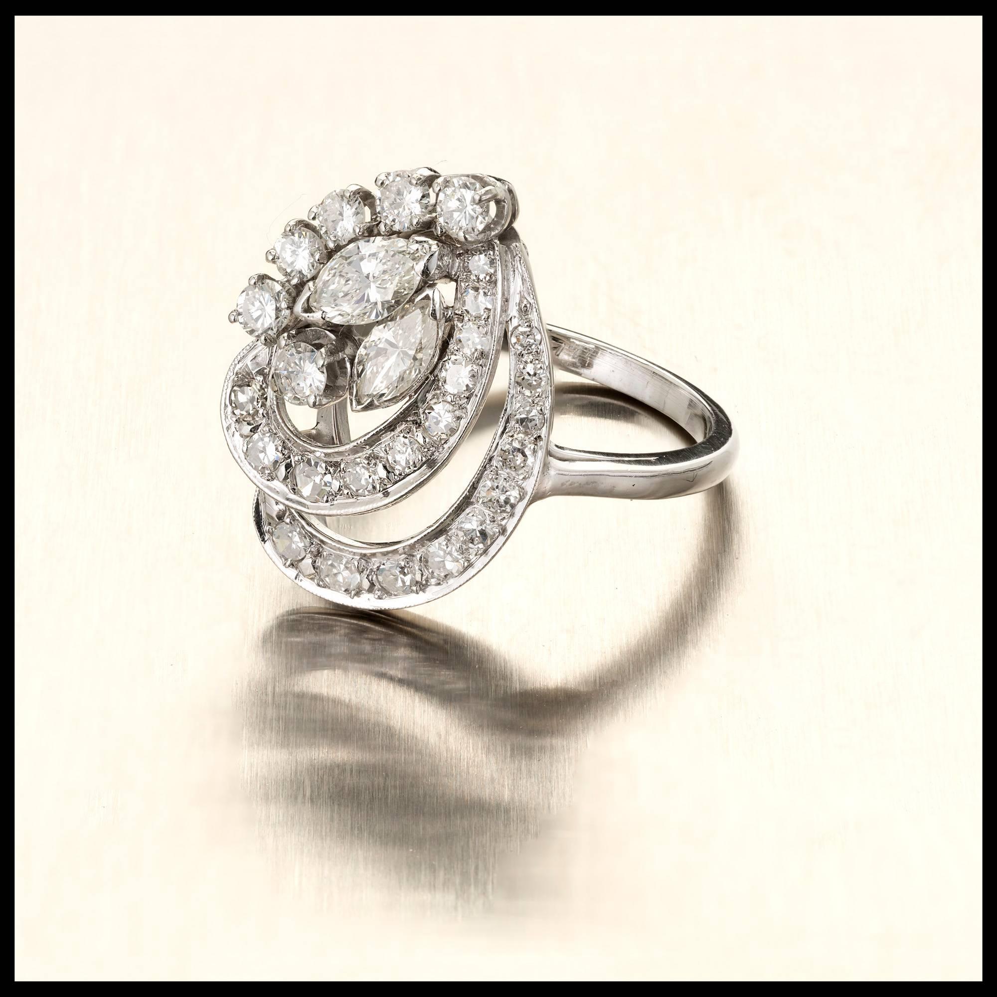 Mid-Century Modern Diamond Swirl Platinum Cocktail Ring For Sale 2
