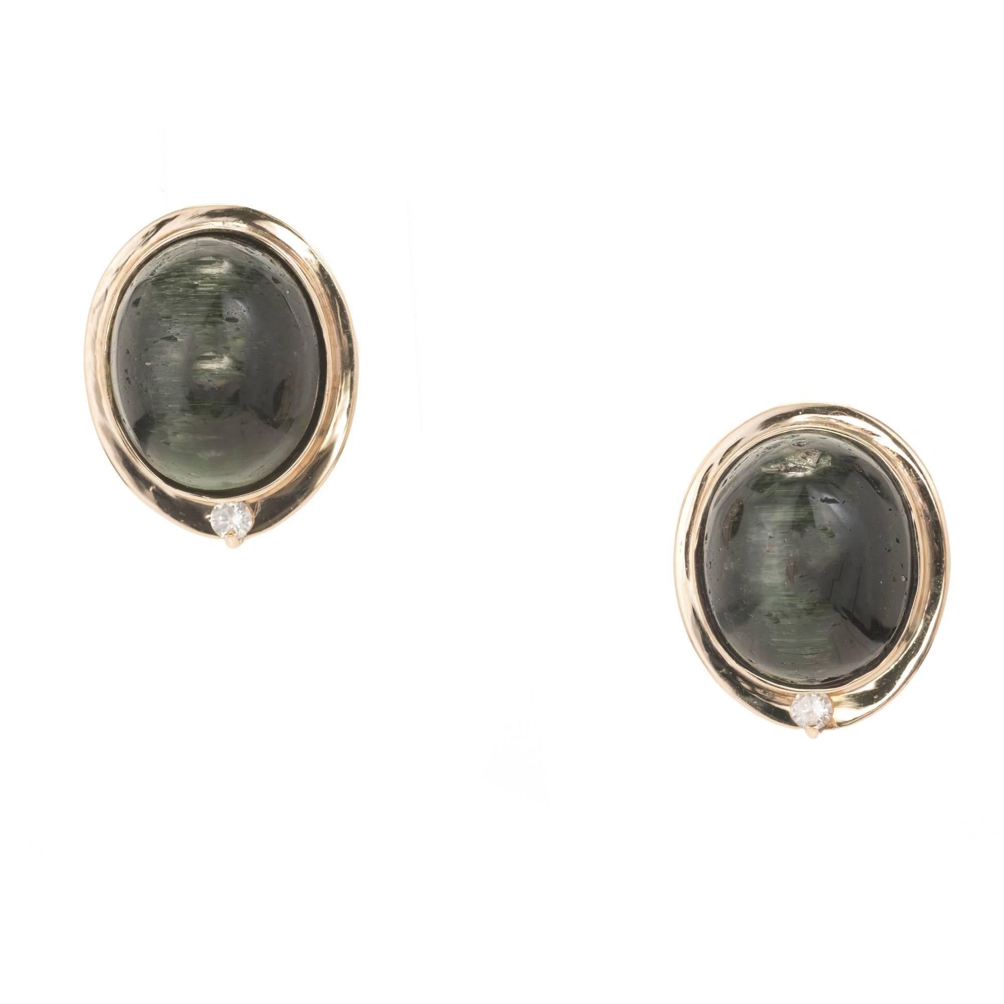 Oval Green Tourmaline Cats Eye Diamond Gold Clip Post Earrings For Sale