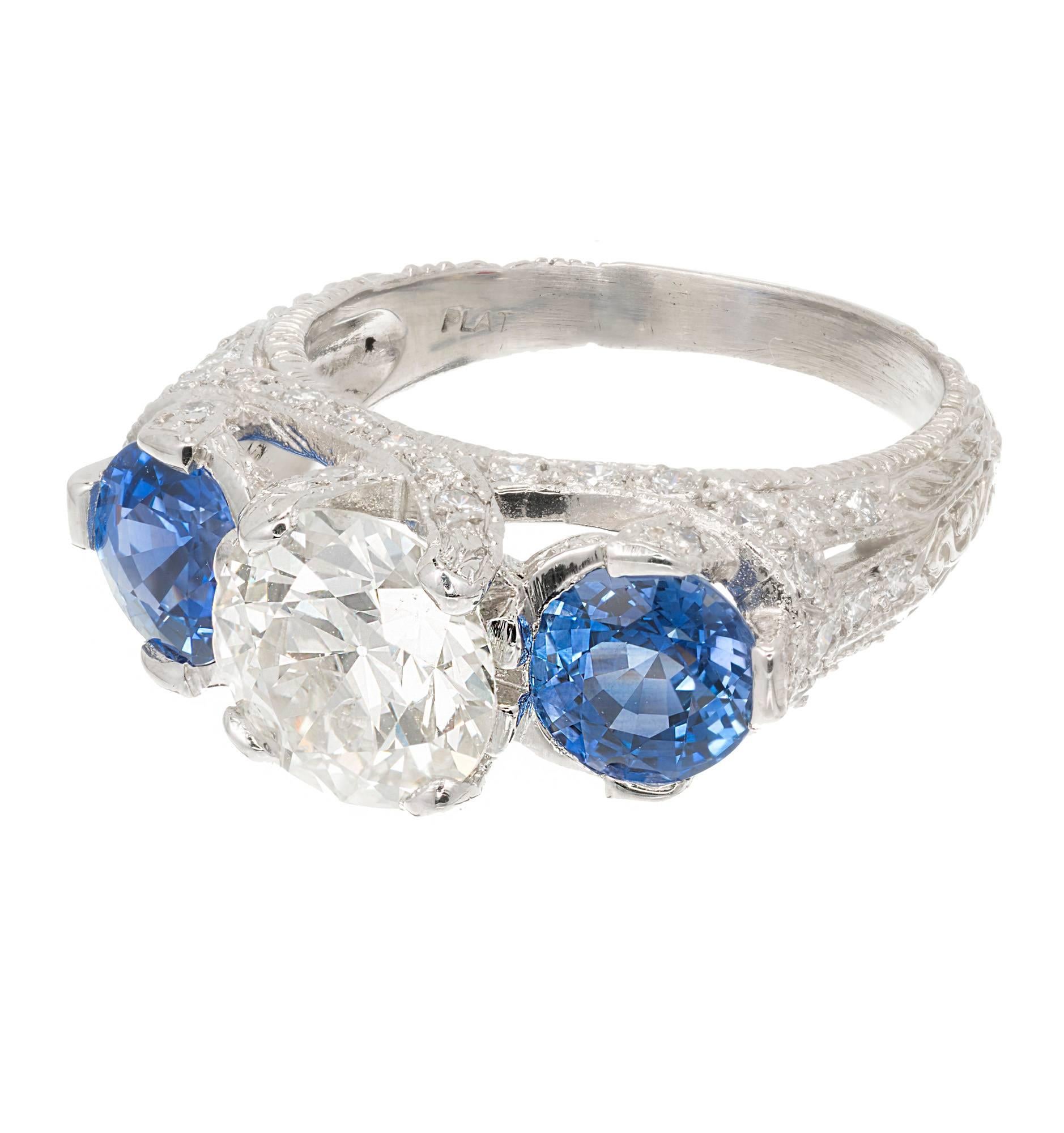 Round Cut Peter Suchy 3.79 Carat Diamond Sapphire Three-Stone Platinum Engagement Ring