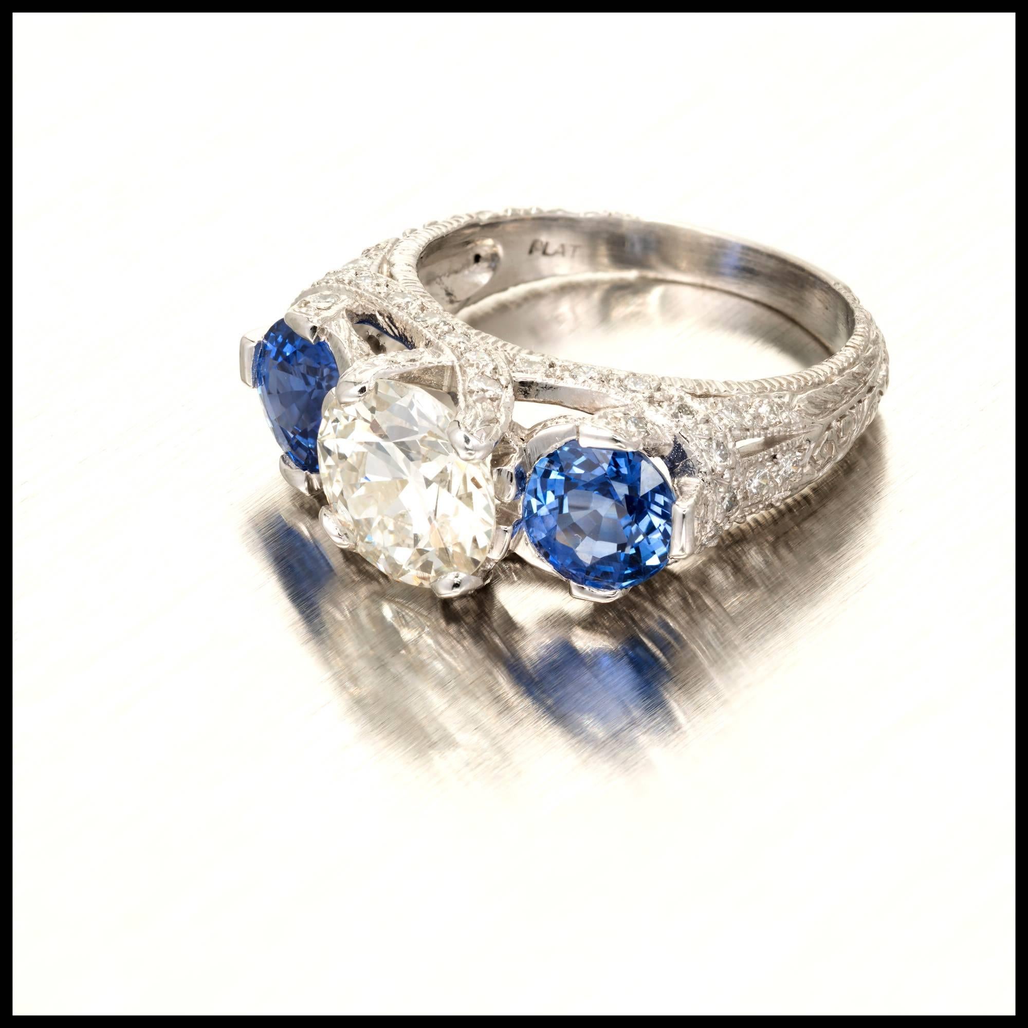 Peter Suchy 3.79 Carat Diamond Sapphire Three-Stone Platinum Engagement Ring In Good Condition In Stamford, CT
