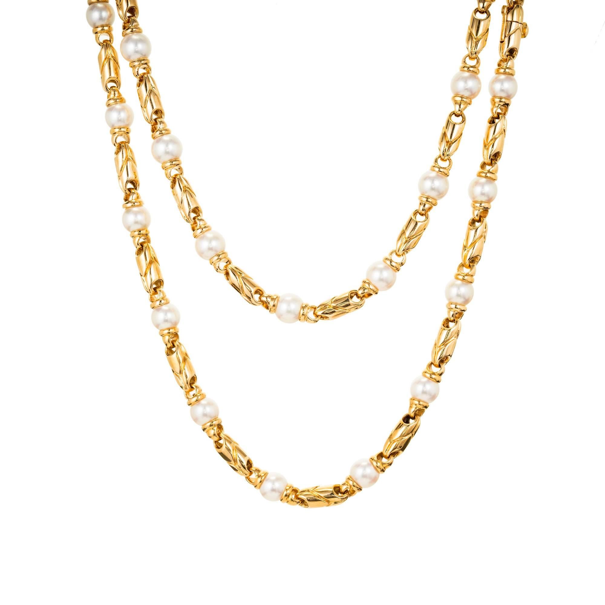 Bvlgari 18 yellow gold Passo Doppio Pearl Necklace. Two separate necklaces at 17.5 inches long each, allows this matched set to be worn single or double at 17.5 inches or clasped together at 35 inches. The clasps are built into the connecting links
