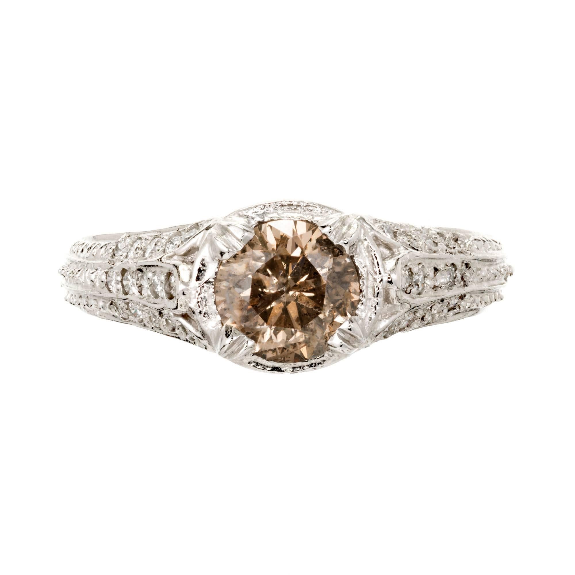 GIA Certified .92 Carat Natural Fancy Brown Diamond Platinum Engagement Ring