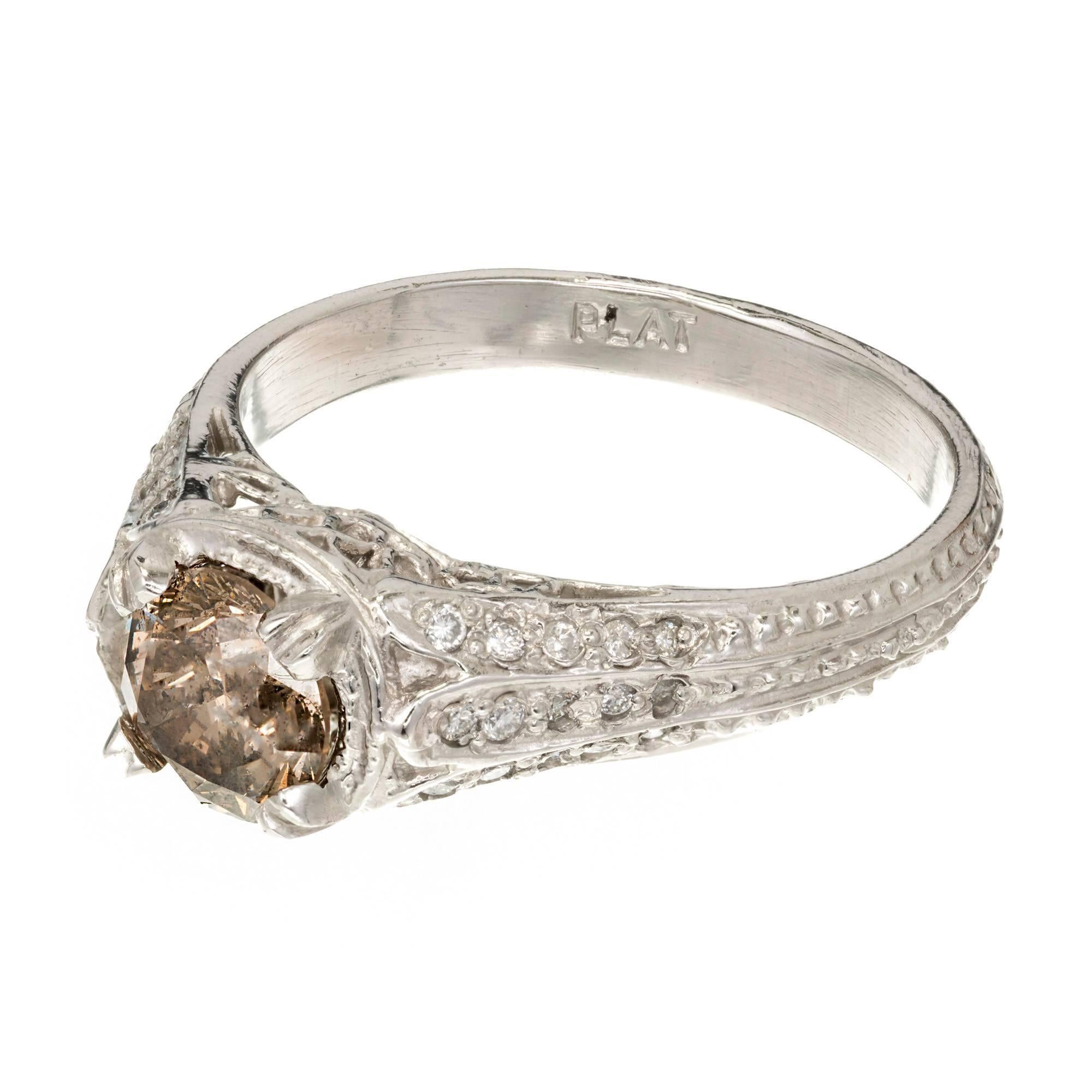 GIA Certified .92 Carat Natural Fancy Brown Diamond Platinum Engagement Ring 3