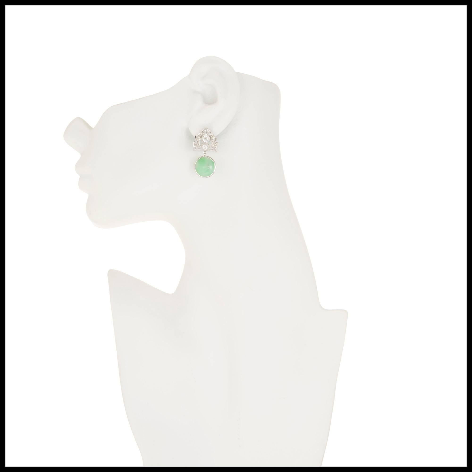GIA Certified Art Deco Jadeite Jade Diamond Dangle Platinum Earrings In Good Condition In Stamford, CT