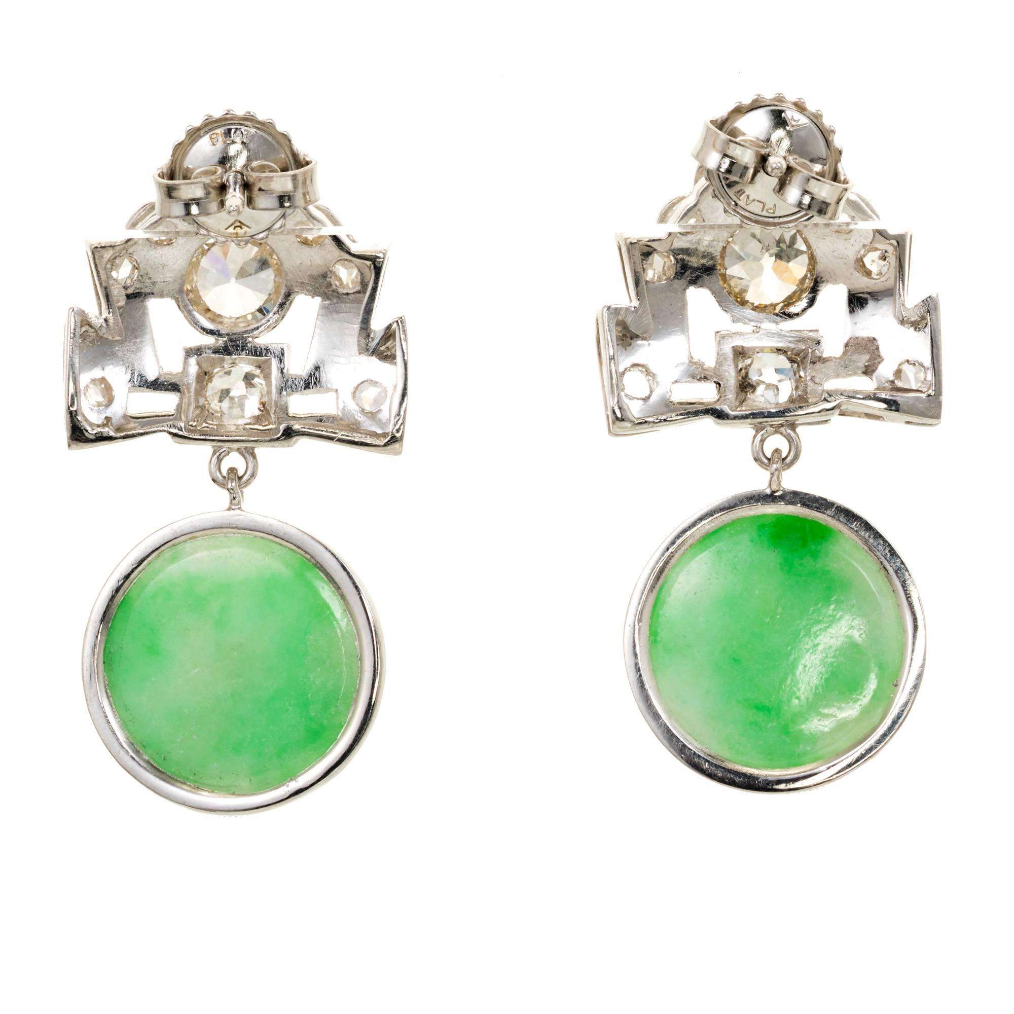 GIA Certified Art Deco Jadeite Jade Diamond Dangle Platinum Earrings 1