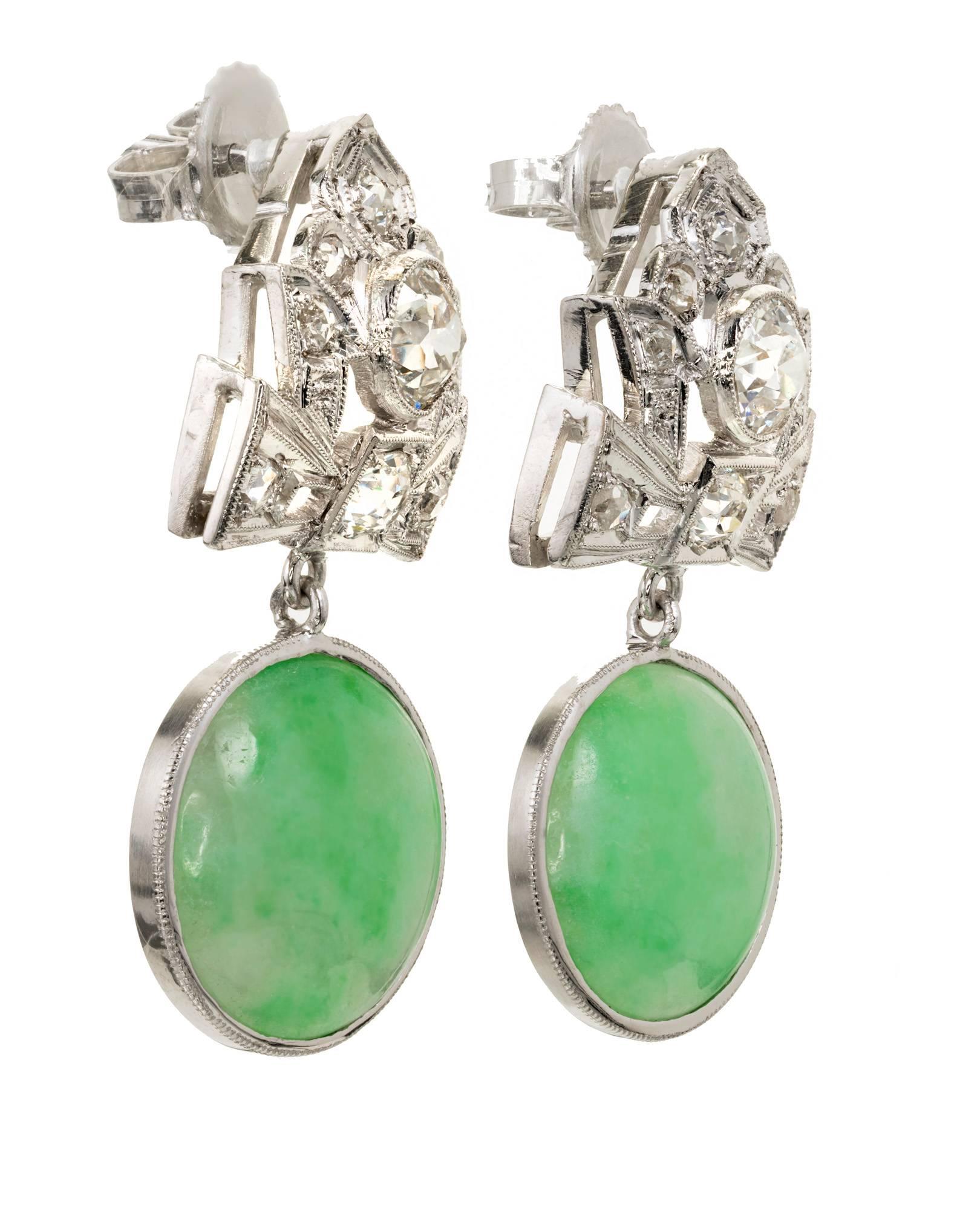 Women's GIA Certified Art Deco Jadeite Jade Diamond Dangle Platinum Earrings